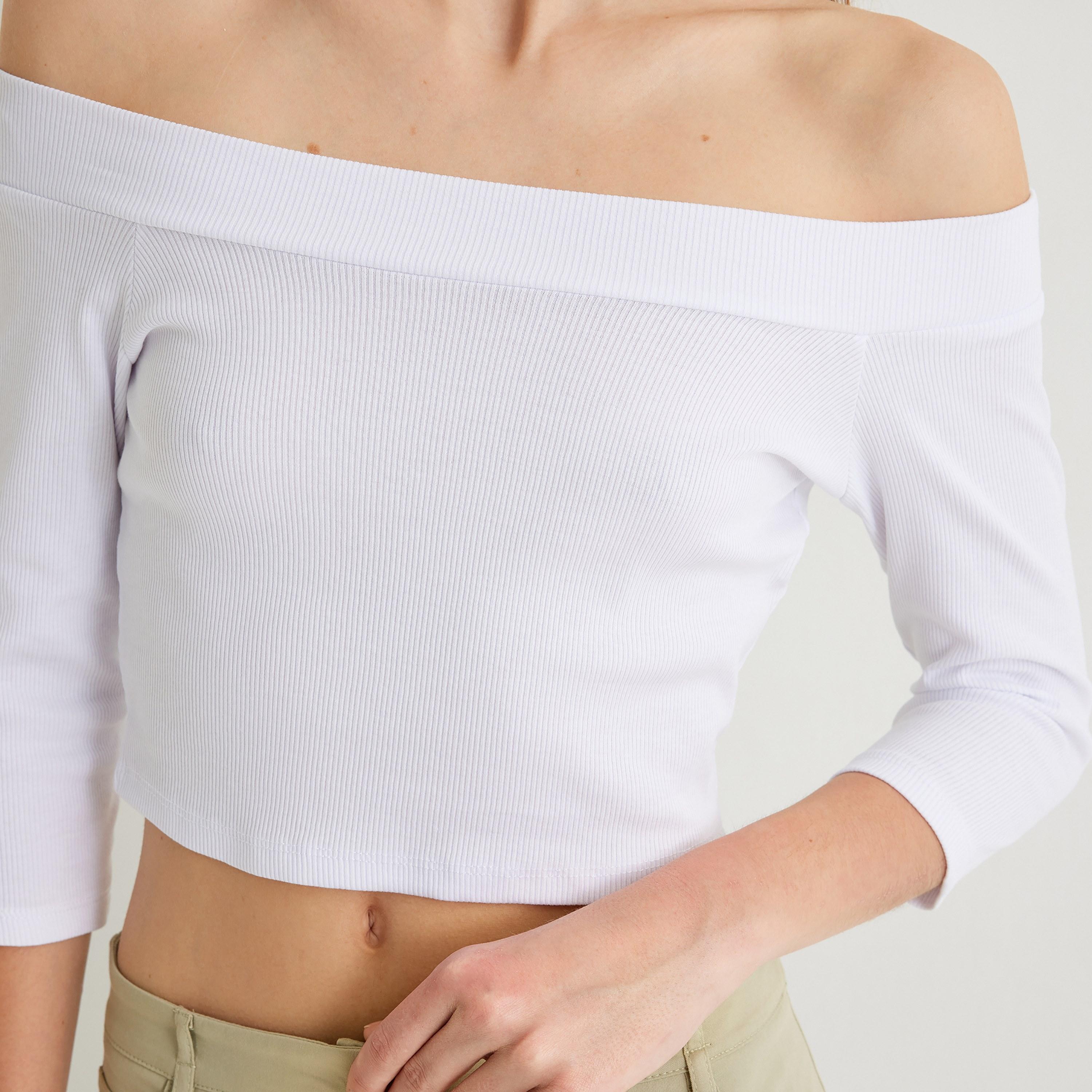 KOTON White Textured Off Shoulder Women's Cropped Top-women-clothing-shirtsandblouses-blouses-image-5