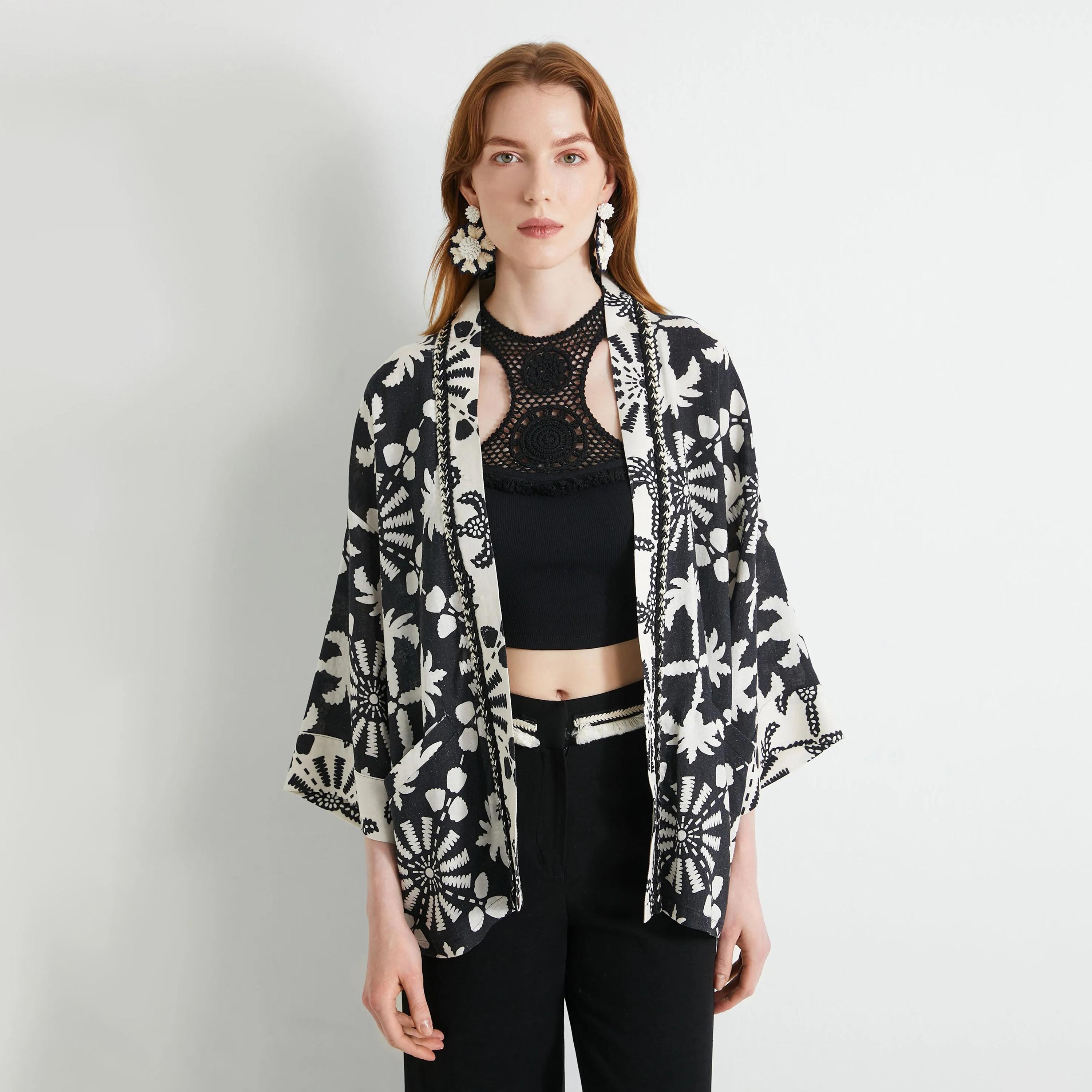 KOTON Black Tropical Motifs Women's Kimono-women-clothing-shirtsandblouses-blouses-image-1