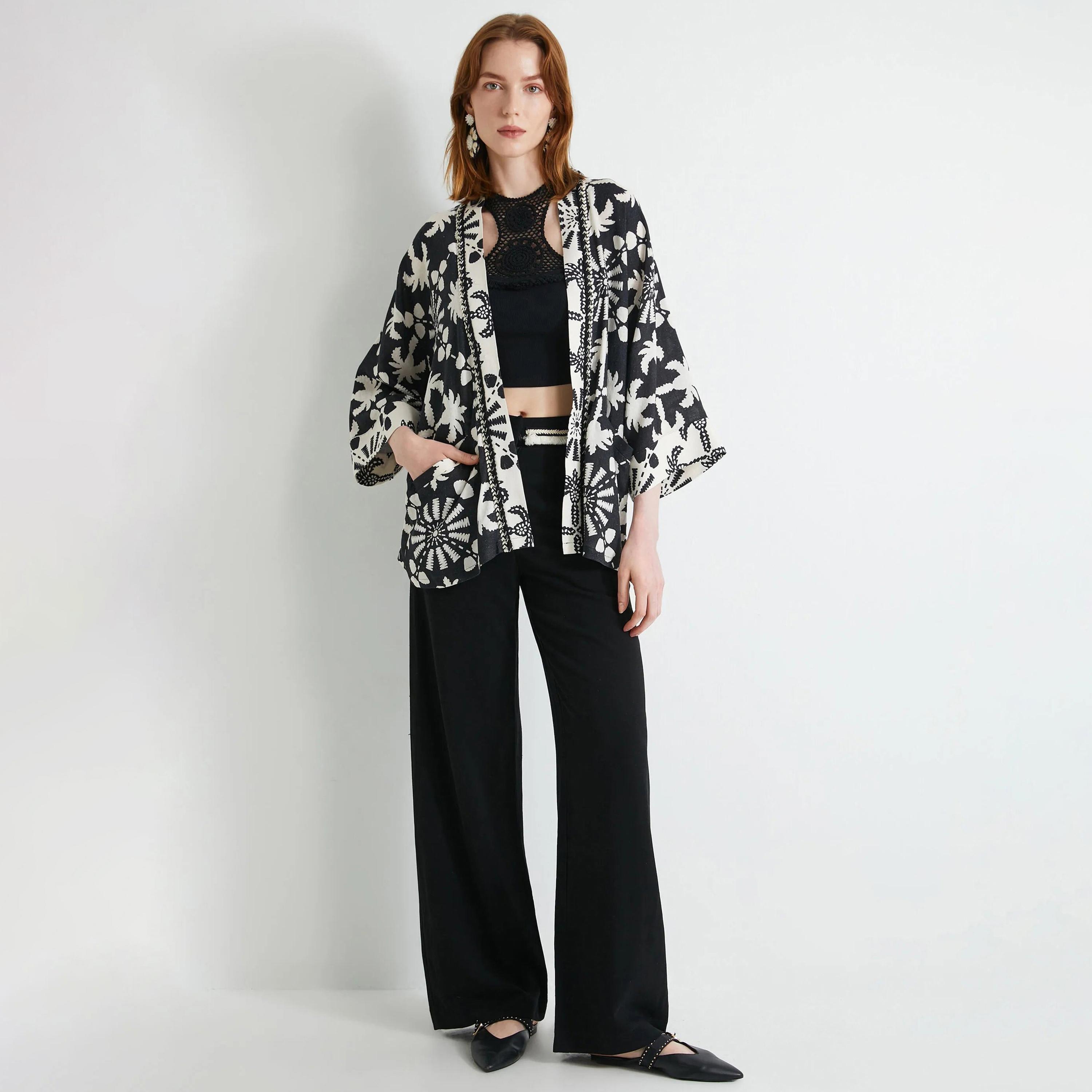 KOTON Black Tropical Motifs Women's Kimono-women-clothing-shirtsandblouses-blouses-image-2