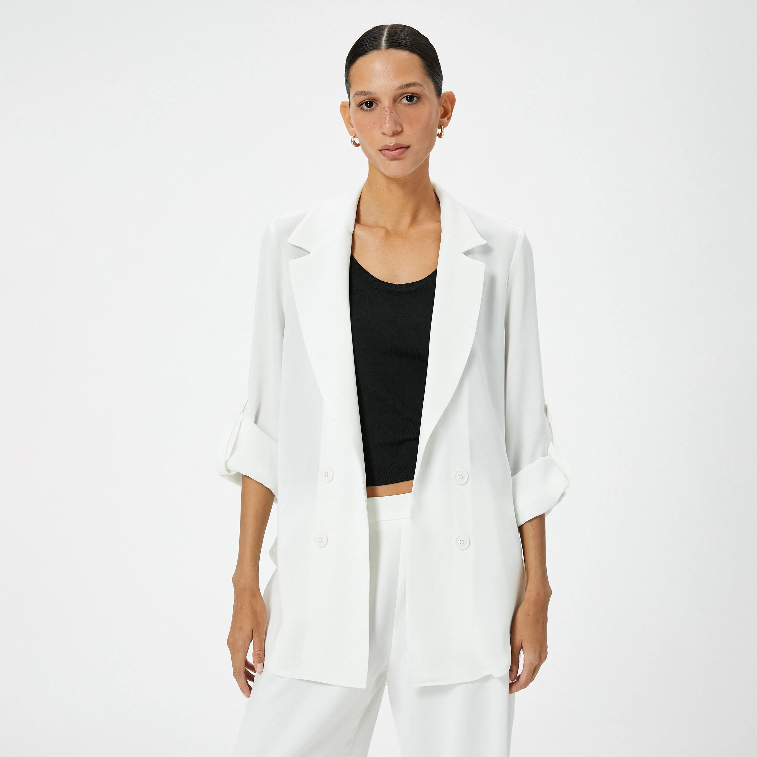 KOTON White Lapel collar Women's Double Breasted Blazer-women-clothing-coatsandjackets-blazers-image-1