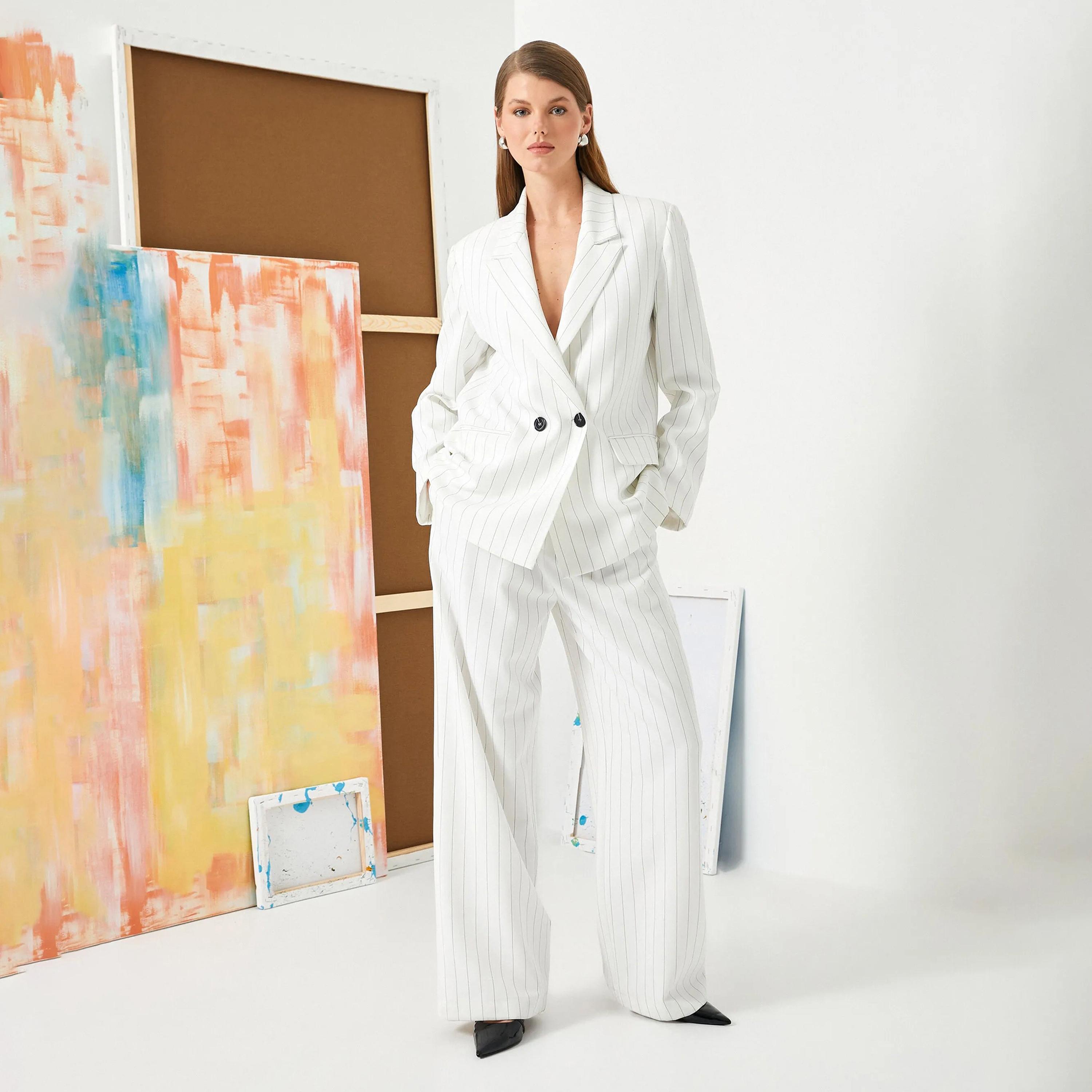 KOTON White Striped Lapel collar Women's Double Breasted Blazer-women-clothing-coatsandjackets-blazers-image-2