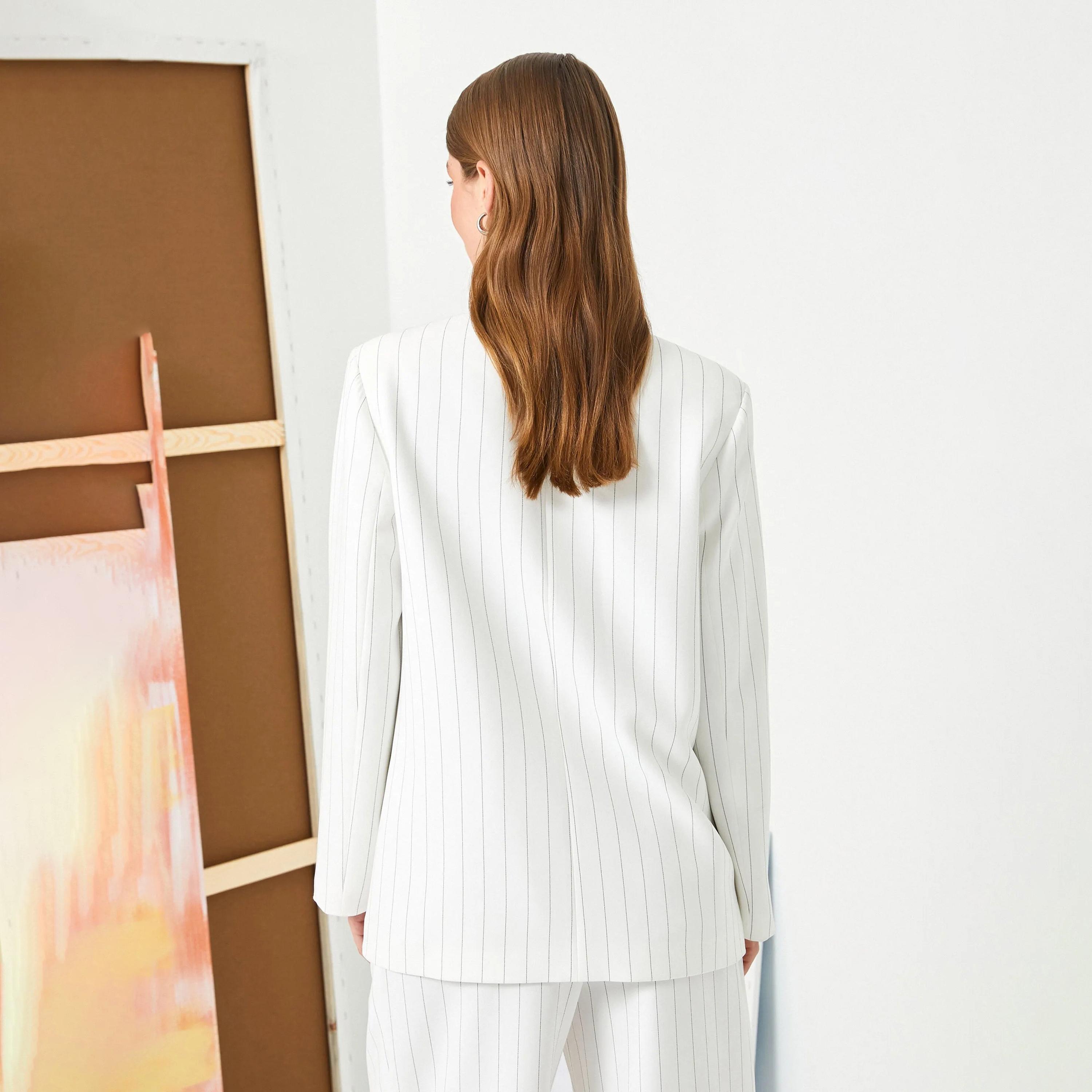 KOTON White Striped Lapel collar Women's Double Breasted Blazer-women-clothing-coatsandjackets-blazers-image-3