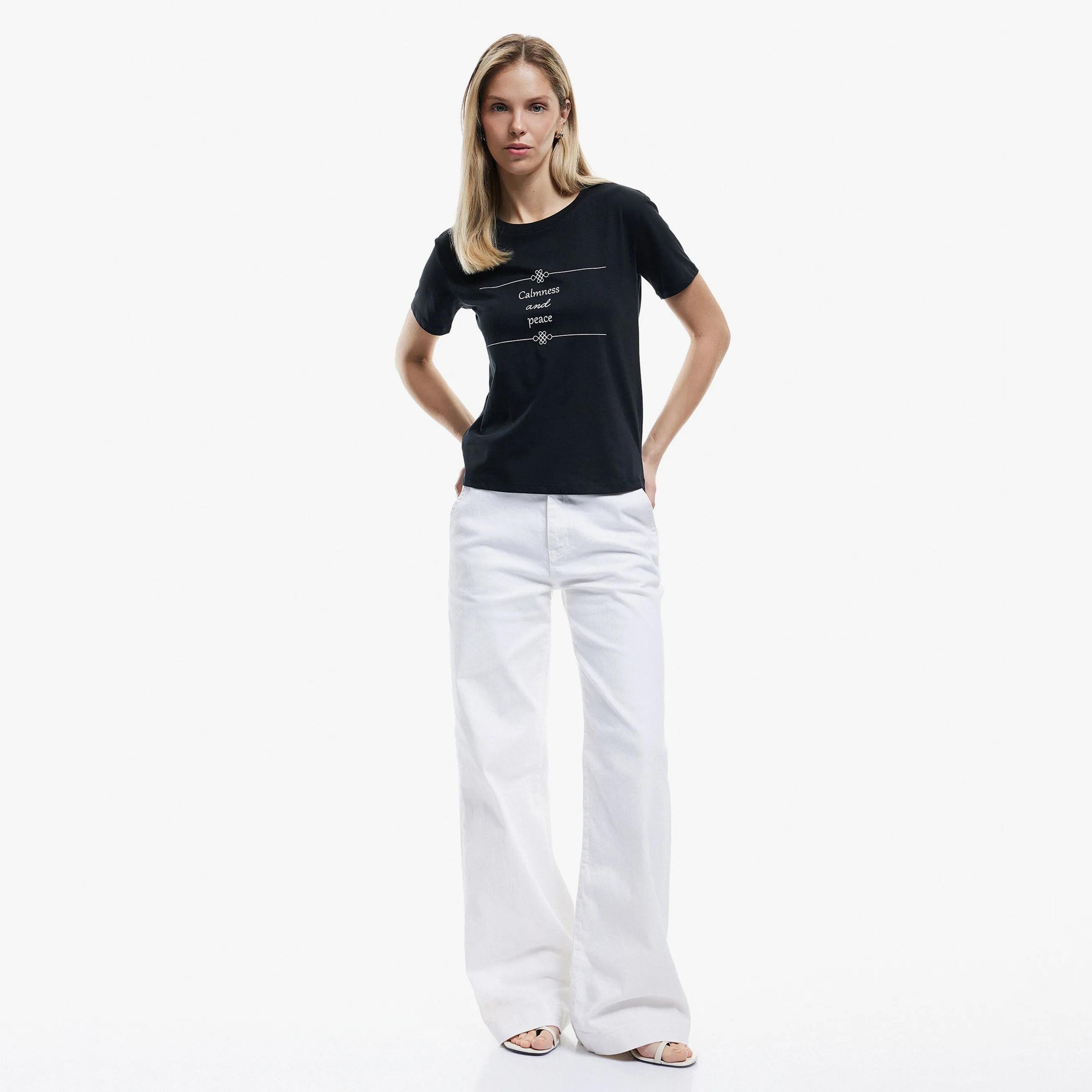 KOTON Black Embroidered Text Cotton Crew Neck Women's T-Shirt-women-clothing-tshirts-image-2