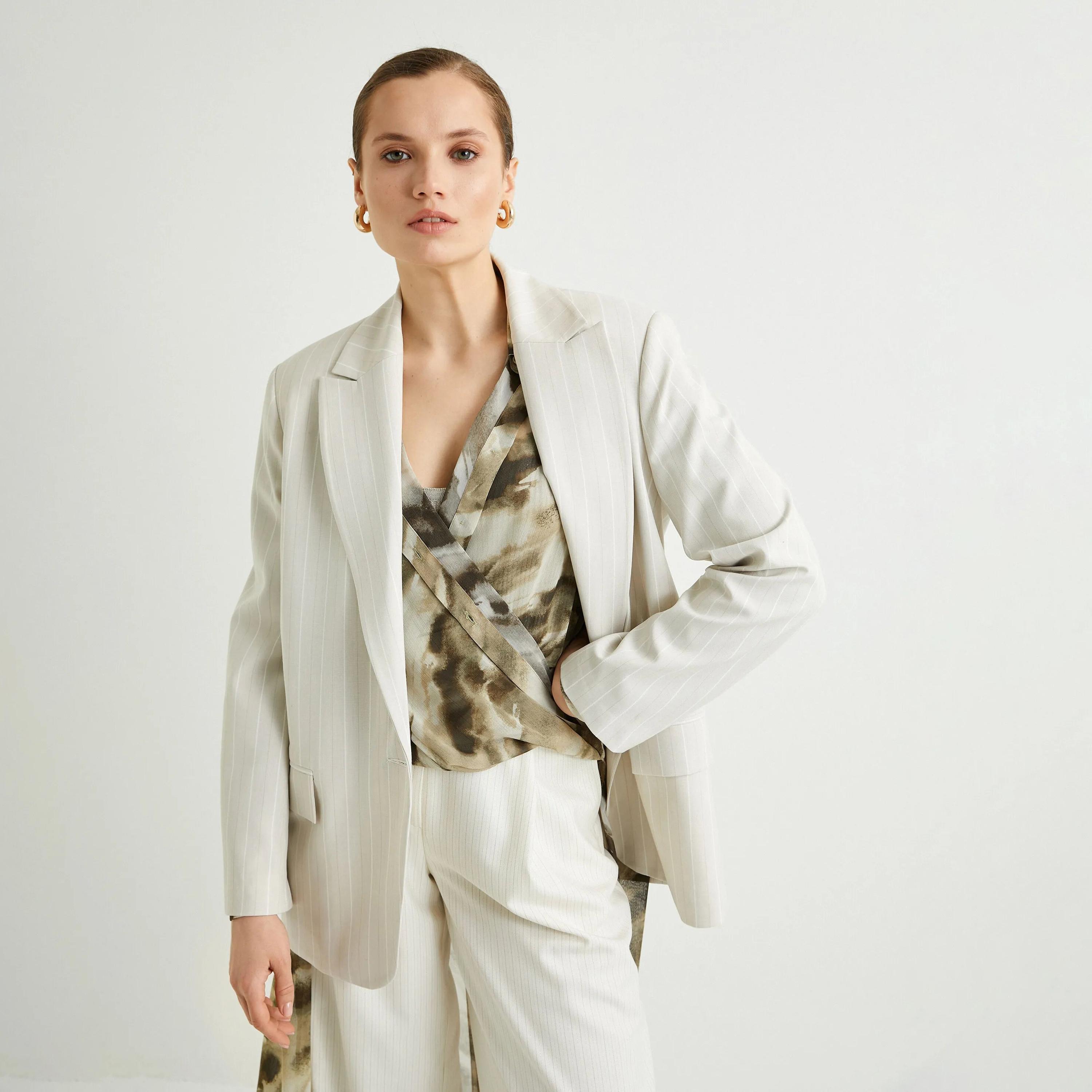 KOTON White Striped Lapel collar Women's Single Breasted Blazer-women-clothing-coatsandjackets-blazers-image-4