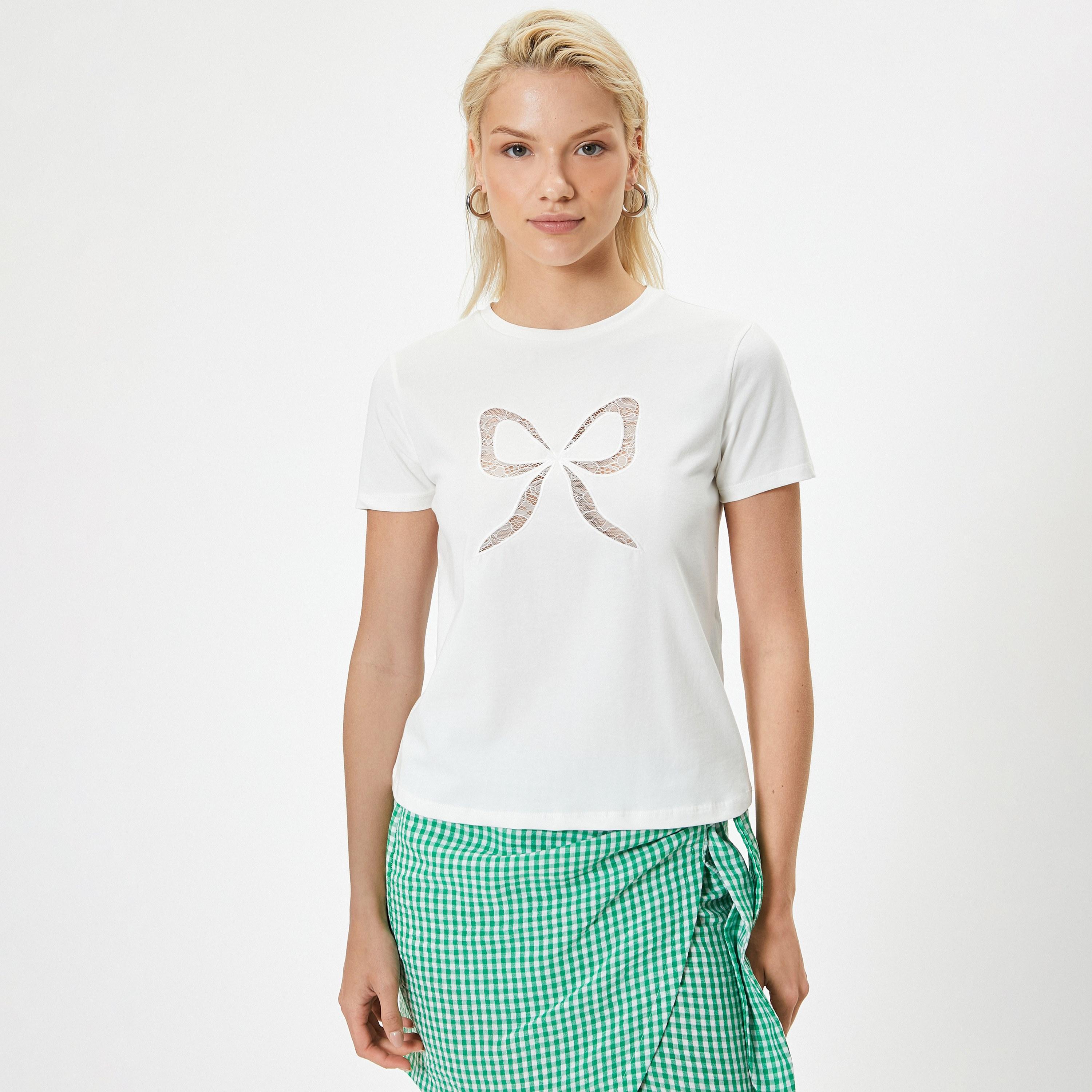 KOTON White Laced Bow Women's T-Shirt-women-clothing-tshirts-image-1