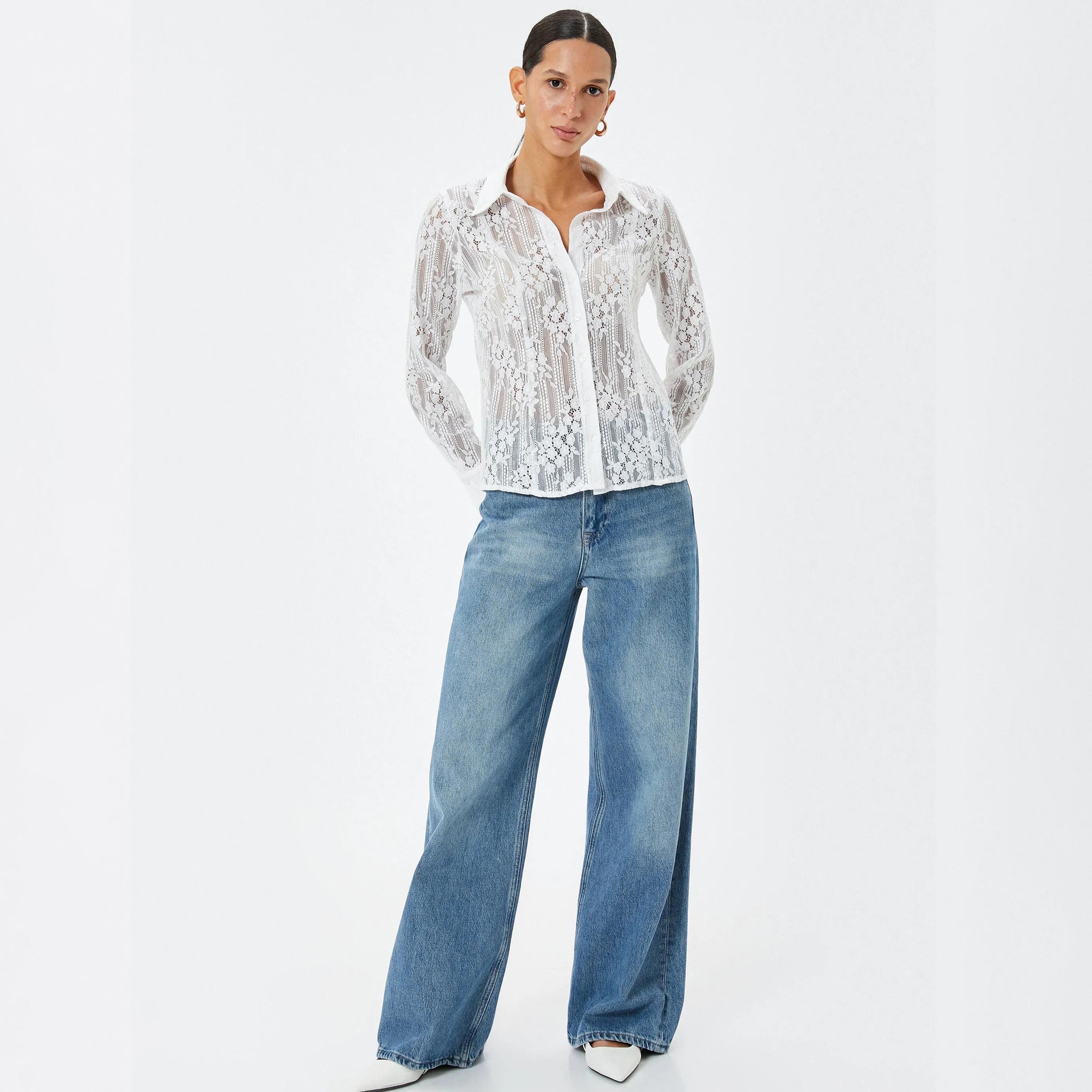 KOTON White Lace Collared Women's Shirt-women-clothing-shirtsandblouses-shirts-image-2