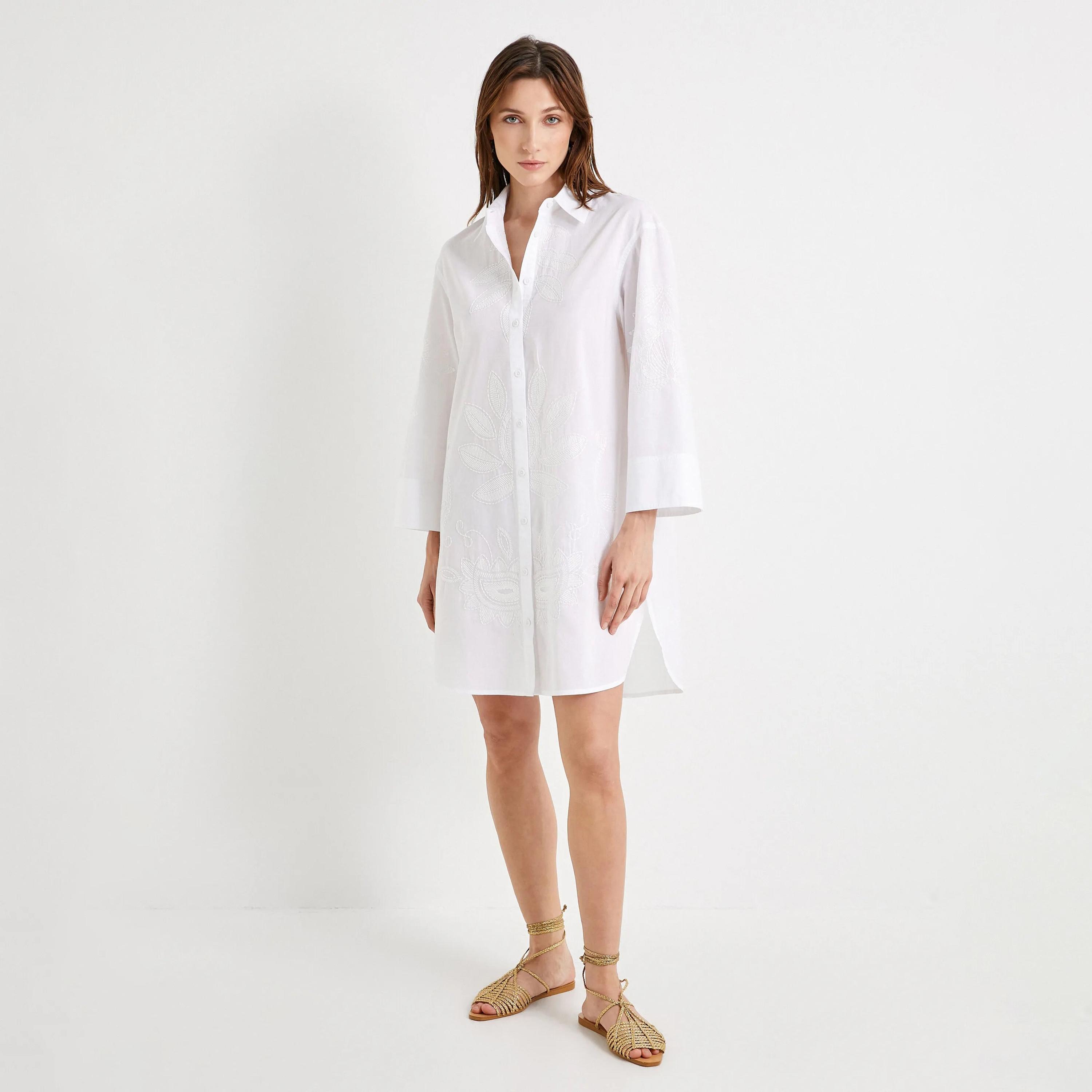 KOTON White Embroidered Collared Women's Midi Shirt Dress-women-clothing-dresses-image-1