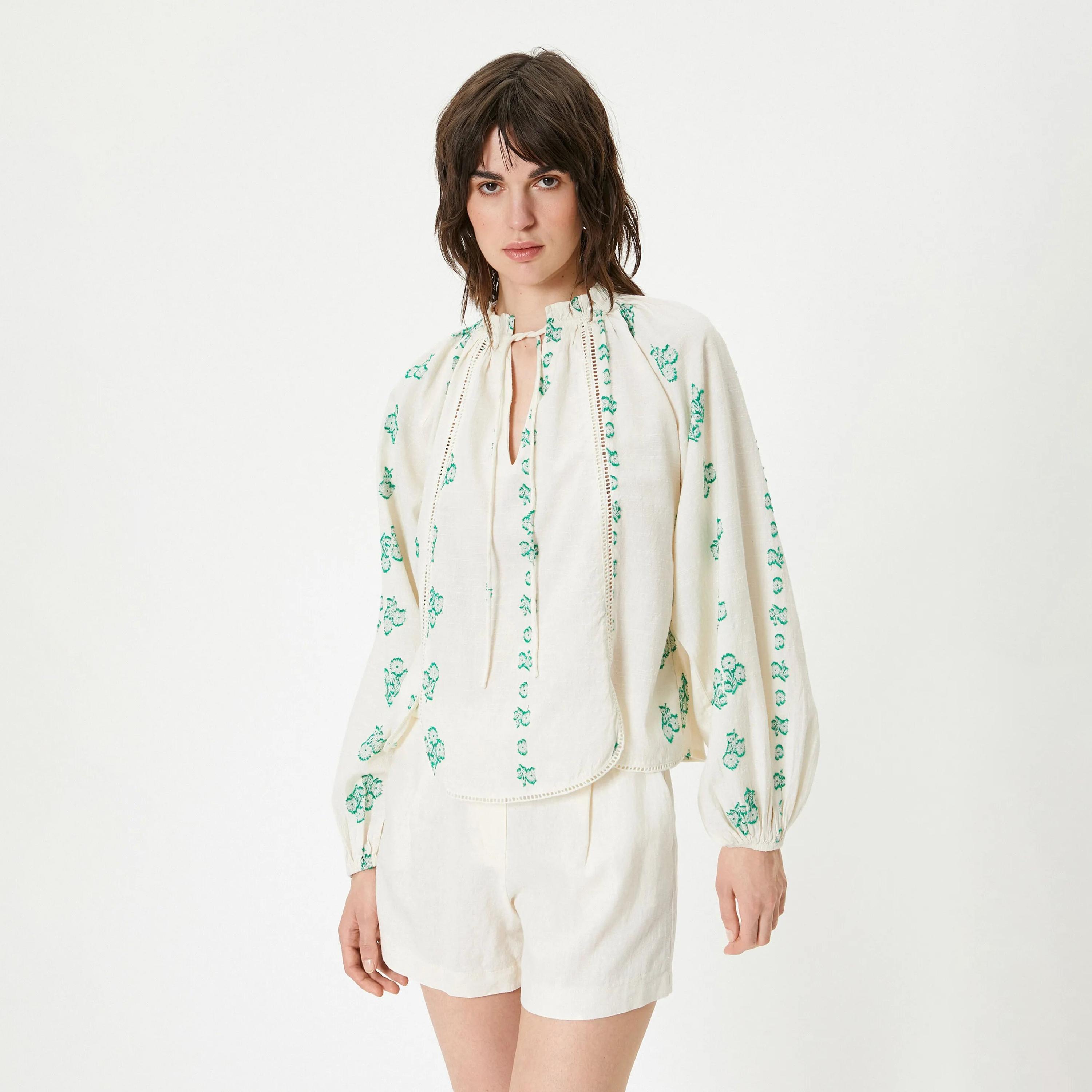 بلوزة نسائية من القطن باللون البيج المزهر بربطة عنق من كوتون-women-clothing-shirtsandblouses-blouses-image-1