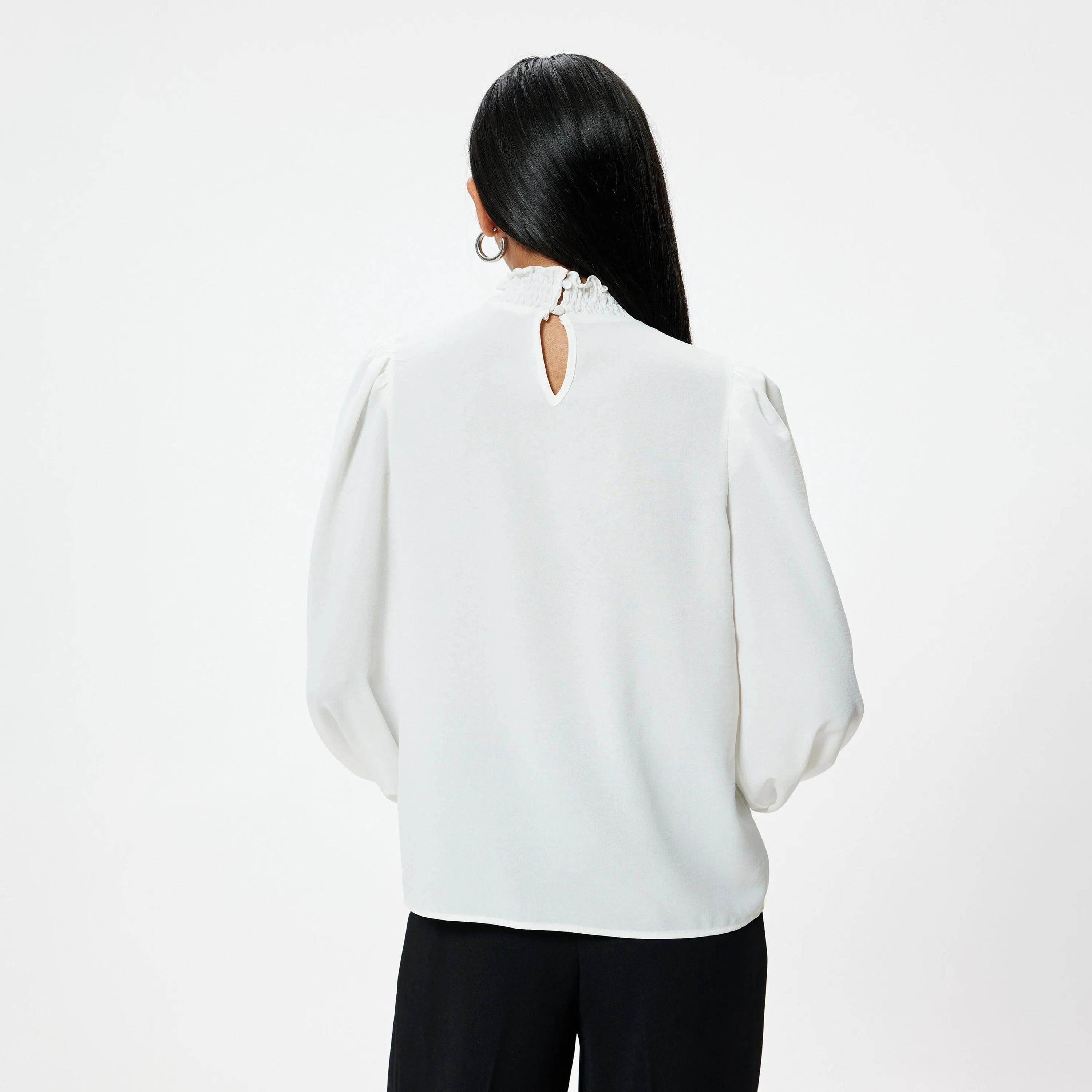 KOTON White Ruffle High Neck Balloon Sleeves Women's Top-women-clothing-shirtsandblouses-blouses-image-3