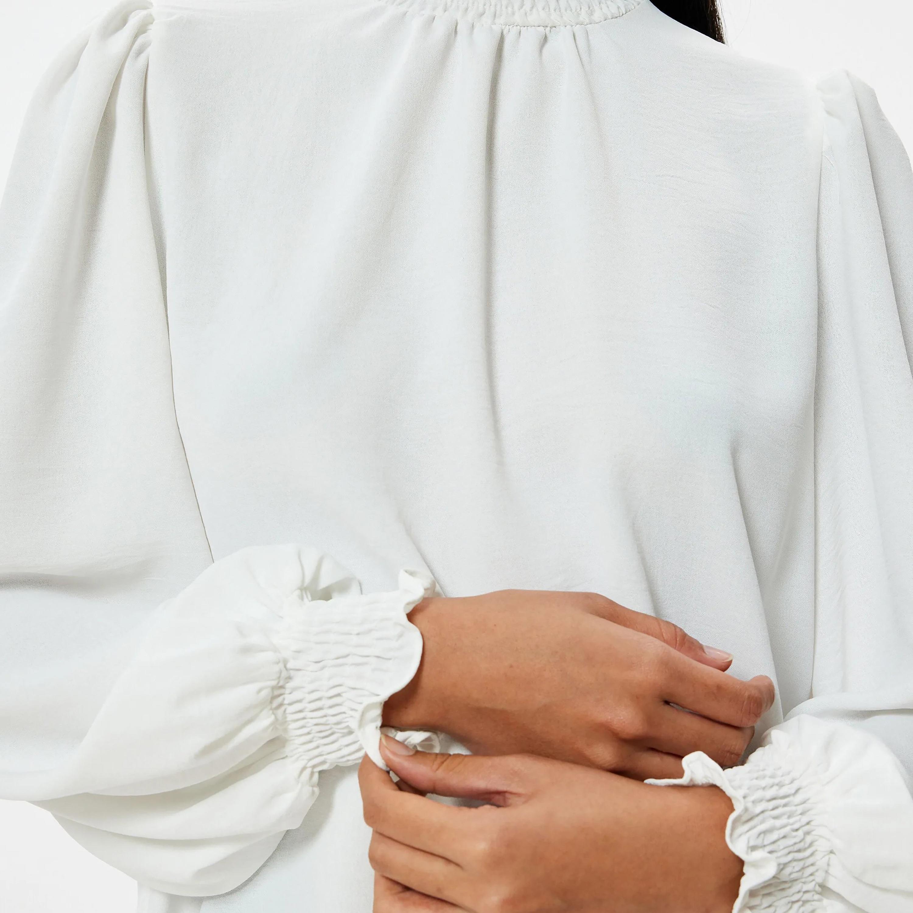 KOTON White Ruffle High Neck Balloon Sleeves Women's Top-women-clothing-shirtsandblouses-blouses-image-4