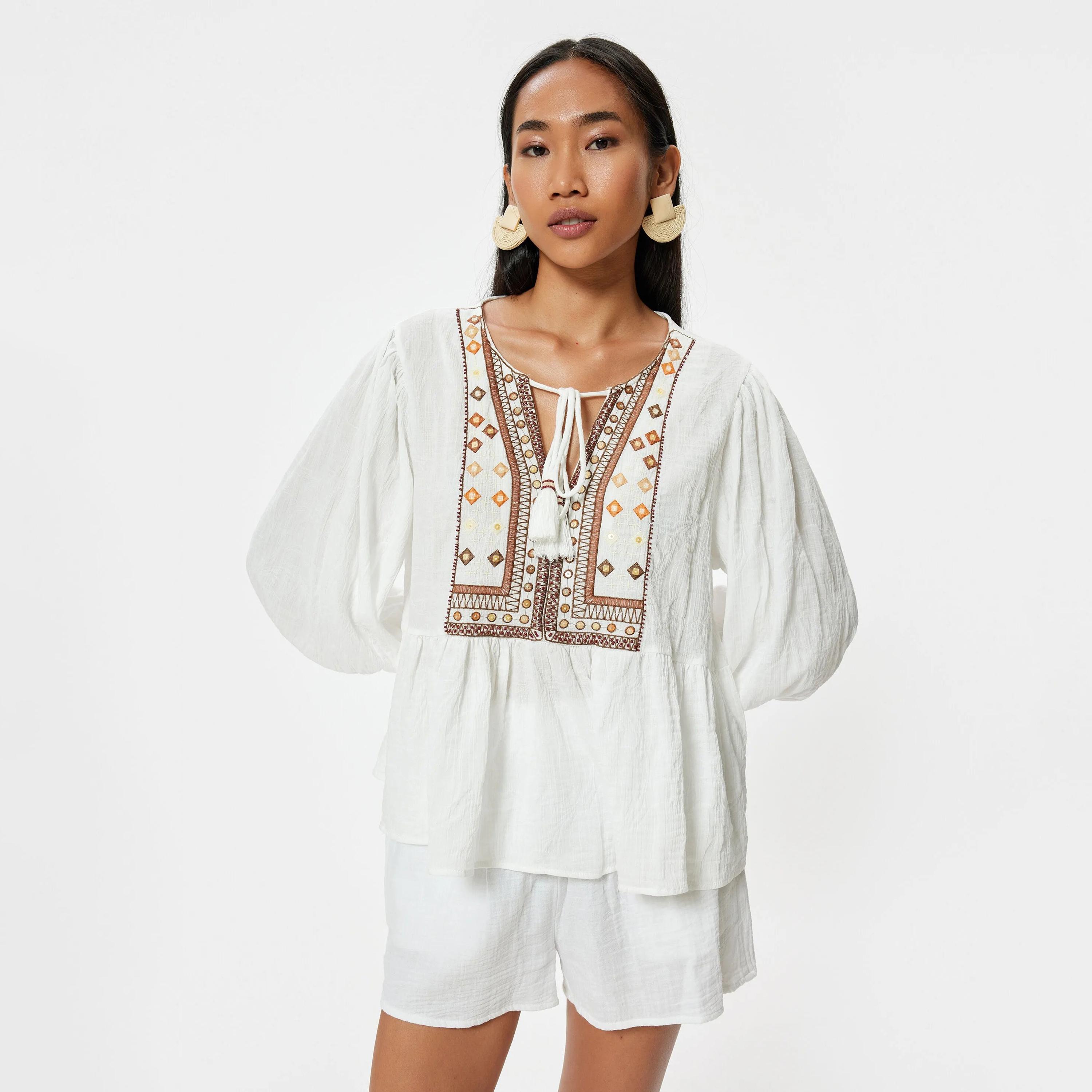 KOTON White Embroidered Tie Neck Balloon Sleeves Women's Top-women-clothing-shirtsandblouses-blouses-image-1