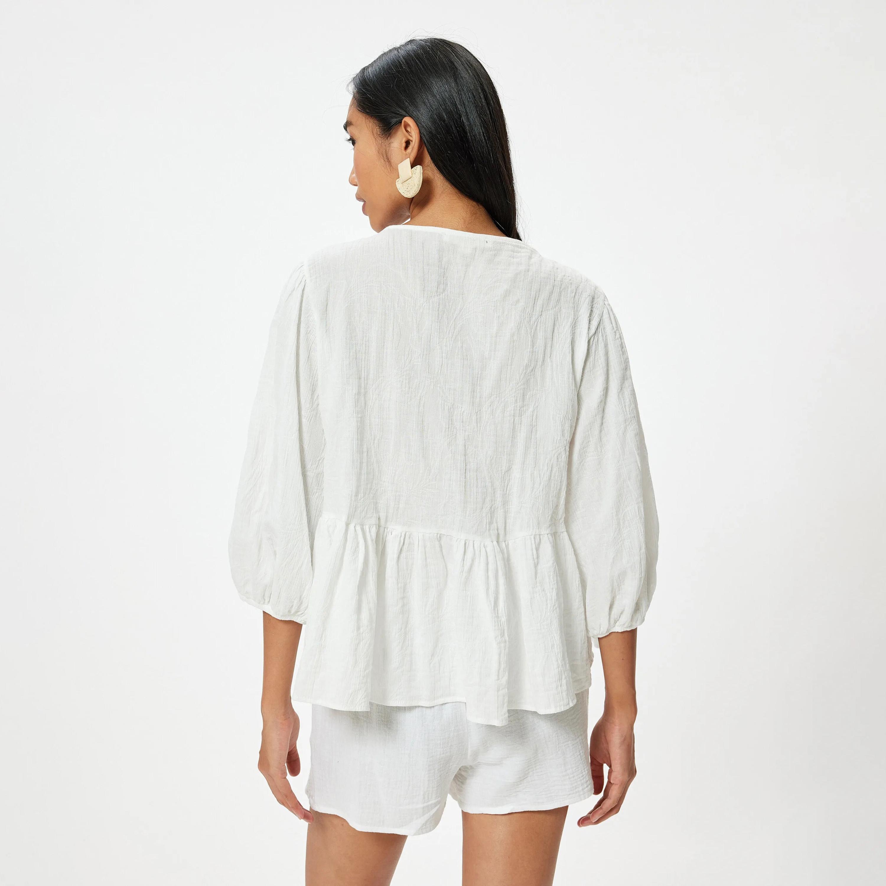 KOTON White Embroidered Tie Neck Balloon Sleeves Women's Top-women-clothing-shirtsandblouses-blouses-image-3