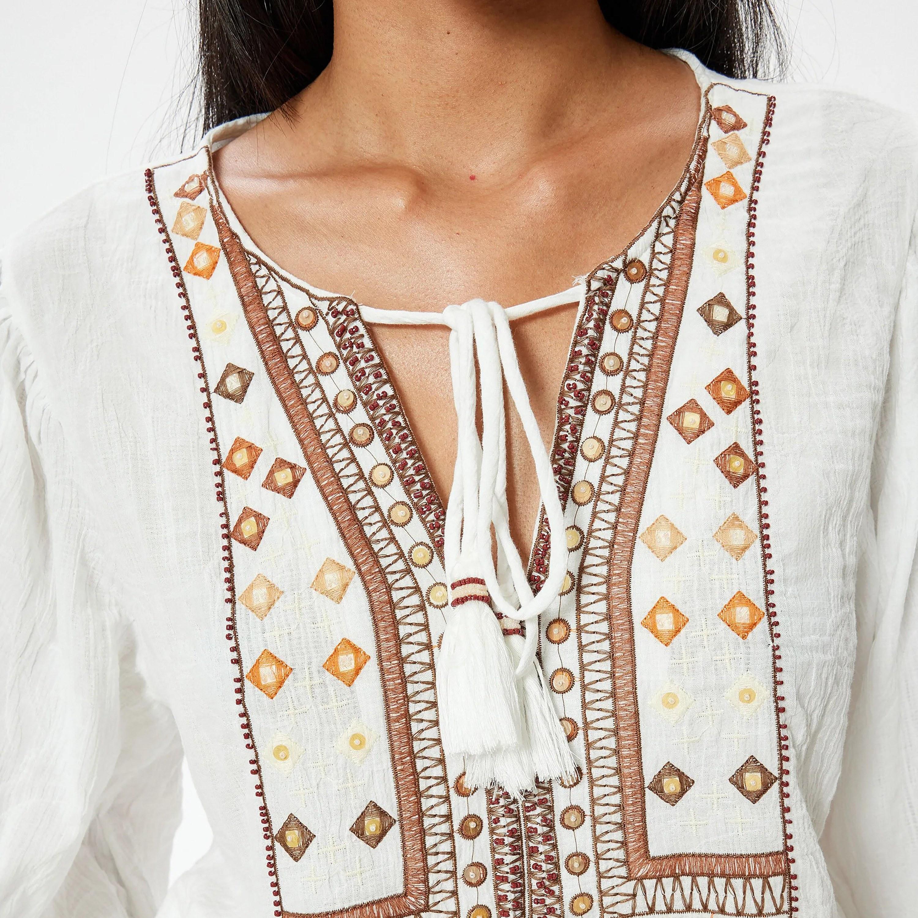 KOTON White Embroidered Tie Neck Balloon Sleeves Women's Top-women-clothing-shirtsandblouses-blouses-image-4