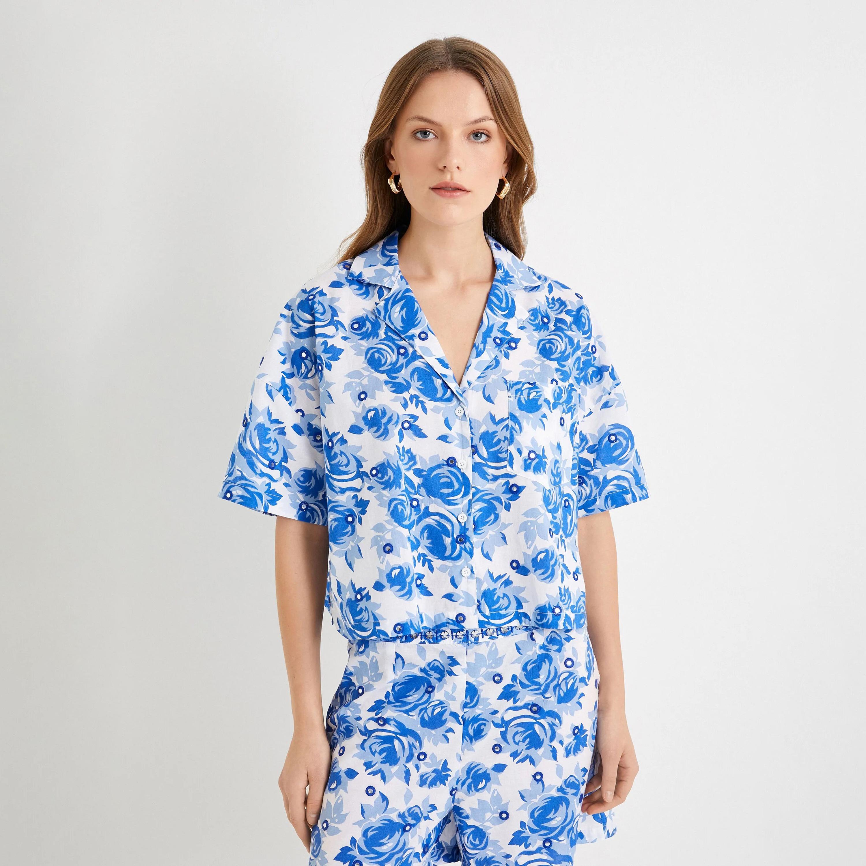 KOTON Floral Print with Mirror Work Resort Collar Women's Shirt-women-clothing-shirtsandblouses-shirts-image-1