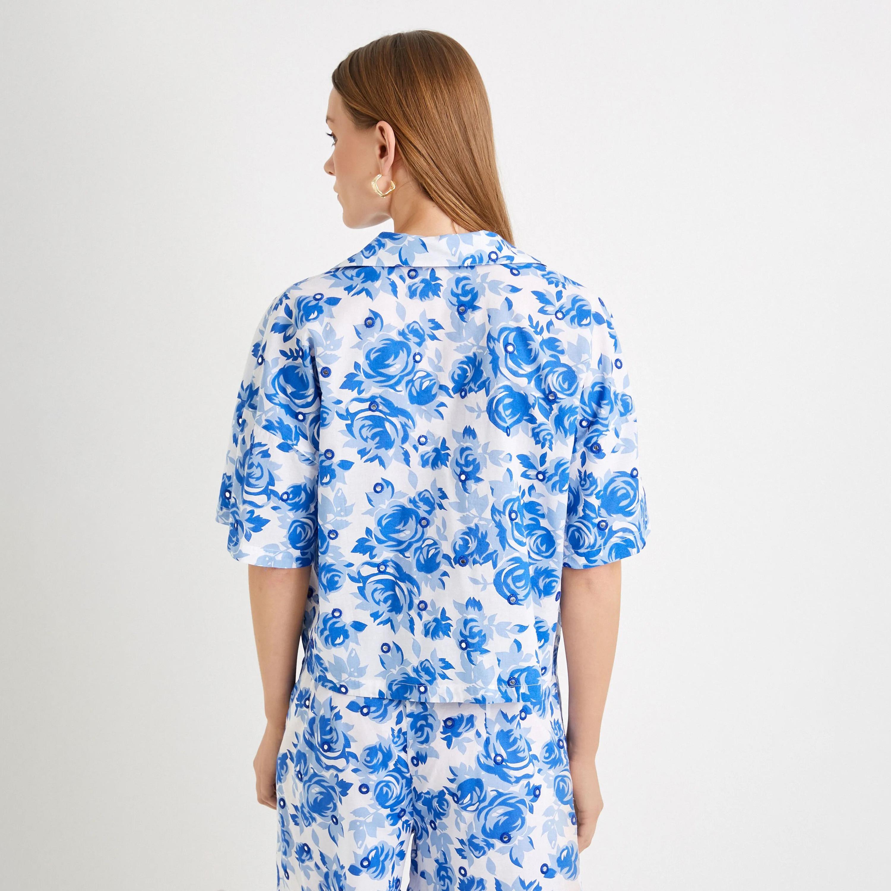 KOTON Floral Print with Mirror Work Resort Collar Women's Shirt-women-clothing-shirtsandblouses-shirts-image-3