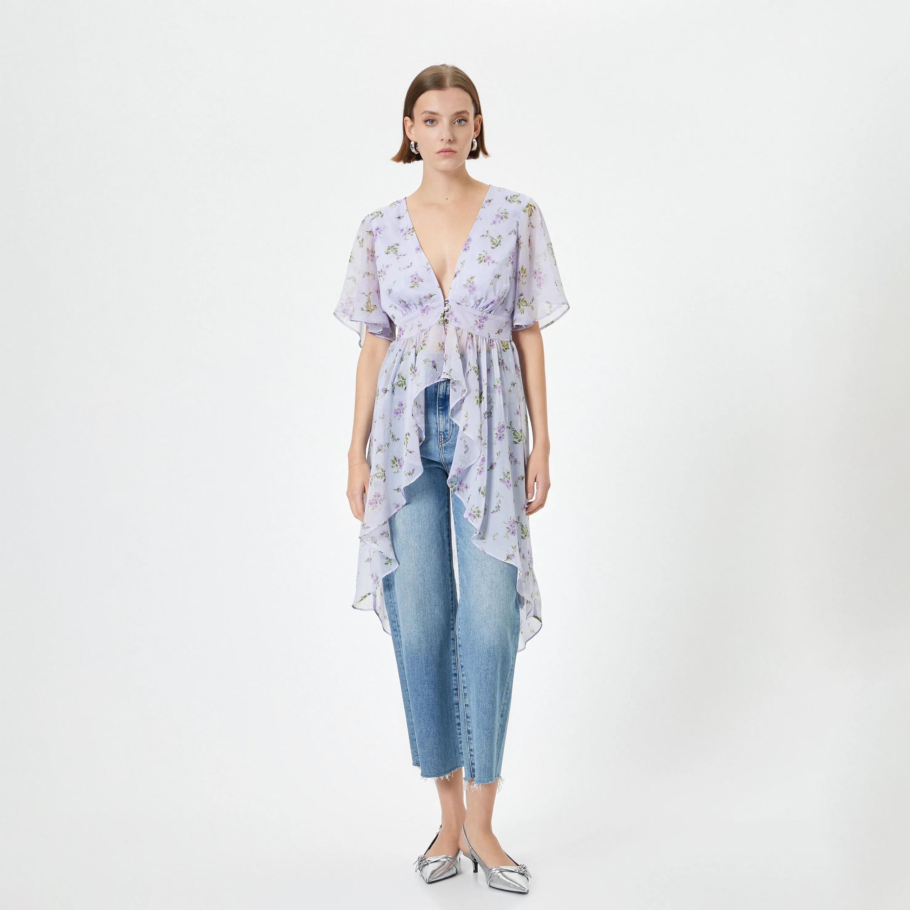 KOTON Purple Floral Plunge Neck Flutter Sleeves Women's Top-women-clothing-shirtsandblouses-blouses-image-1