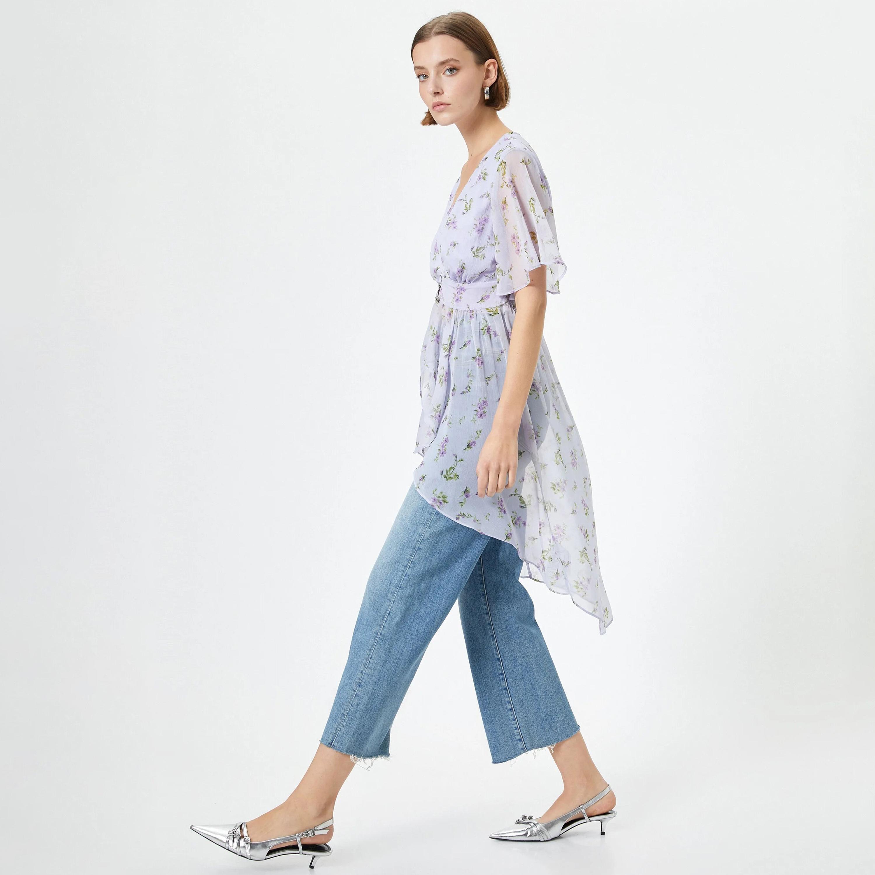 KOTON Purple Floral Plunge Neck Flutter Sleeves Women's Top-women-clothing-shirtsandblouses-blouses-image-2