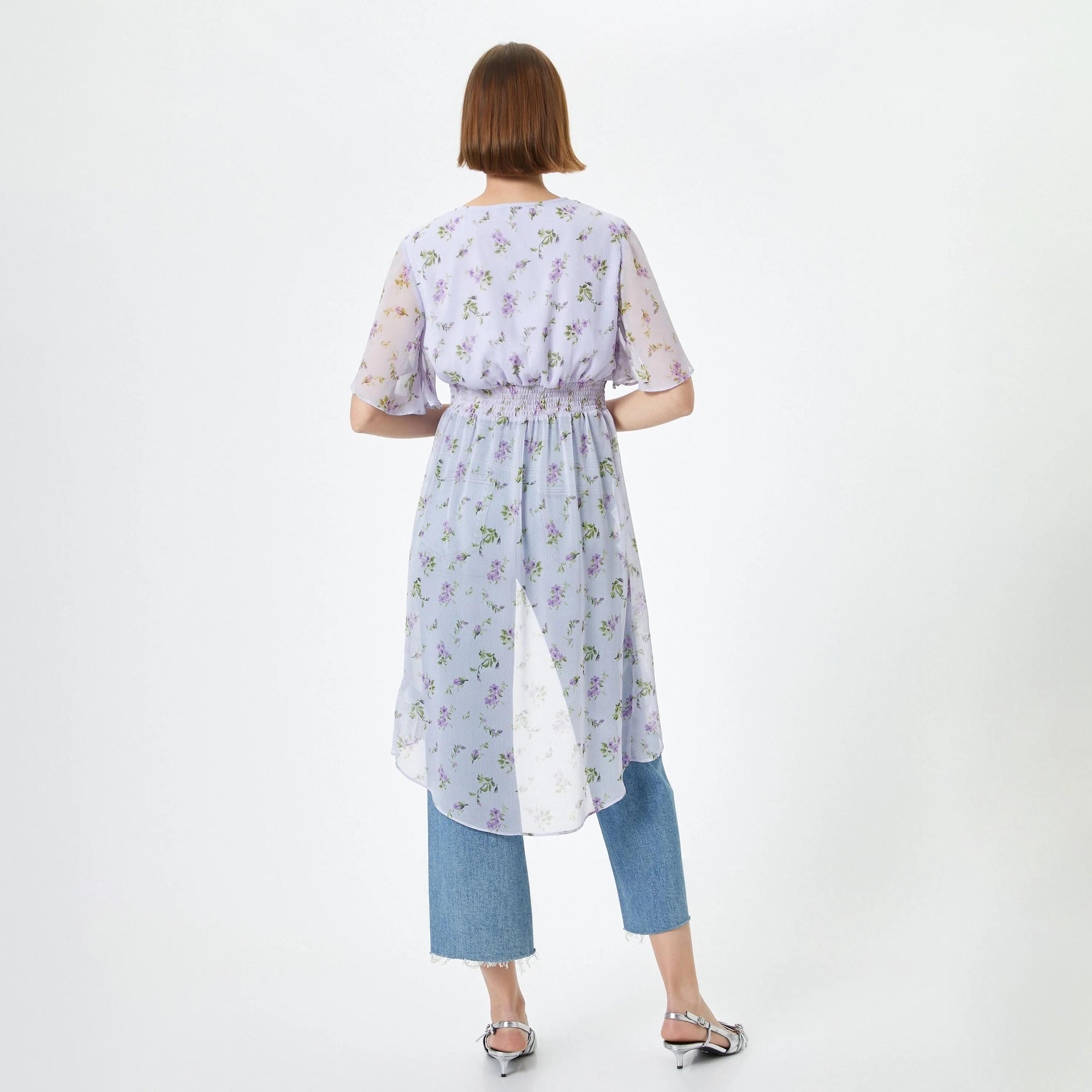 KOTON Purple Floral Plunge Neck Flutter Sleeves Women's Top-women-clothing-shirtsandblouses-blouses-image-3