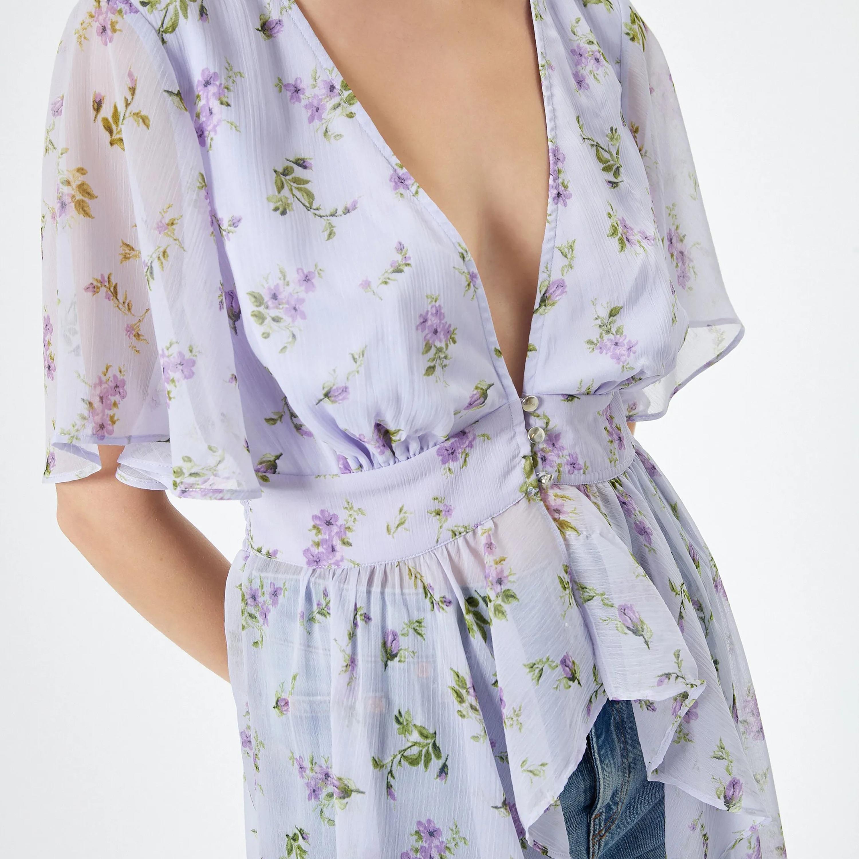 KOTON Purple Floral Plunge Neck Flutter Sleeves Women's Top-women-clothing-shirtsandblouses-blouses-image-4