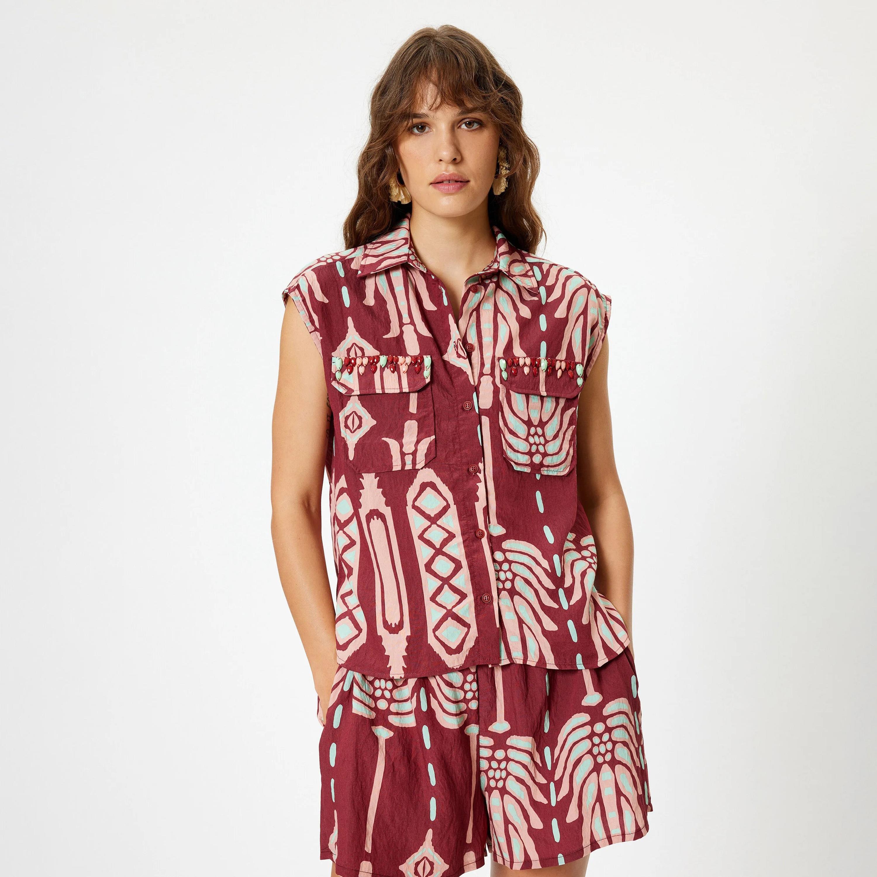 KOTON Red Printed Collared Women's Shirt-women-clothing-shirtsandblouses-shirts-image-1