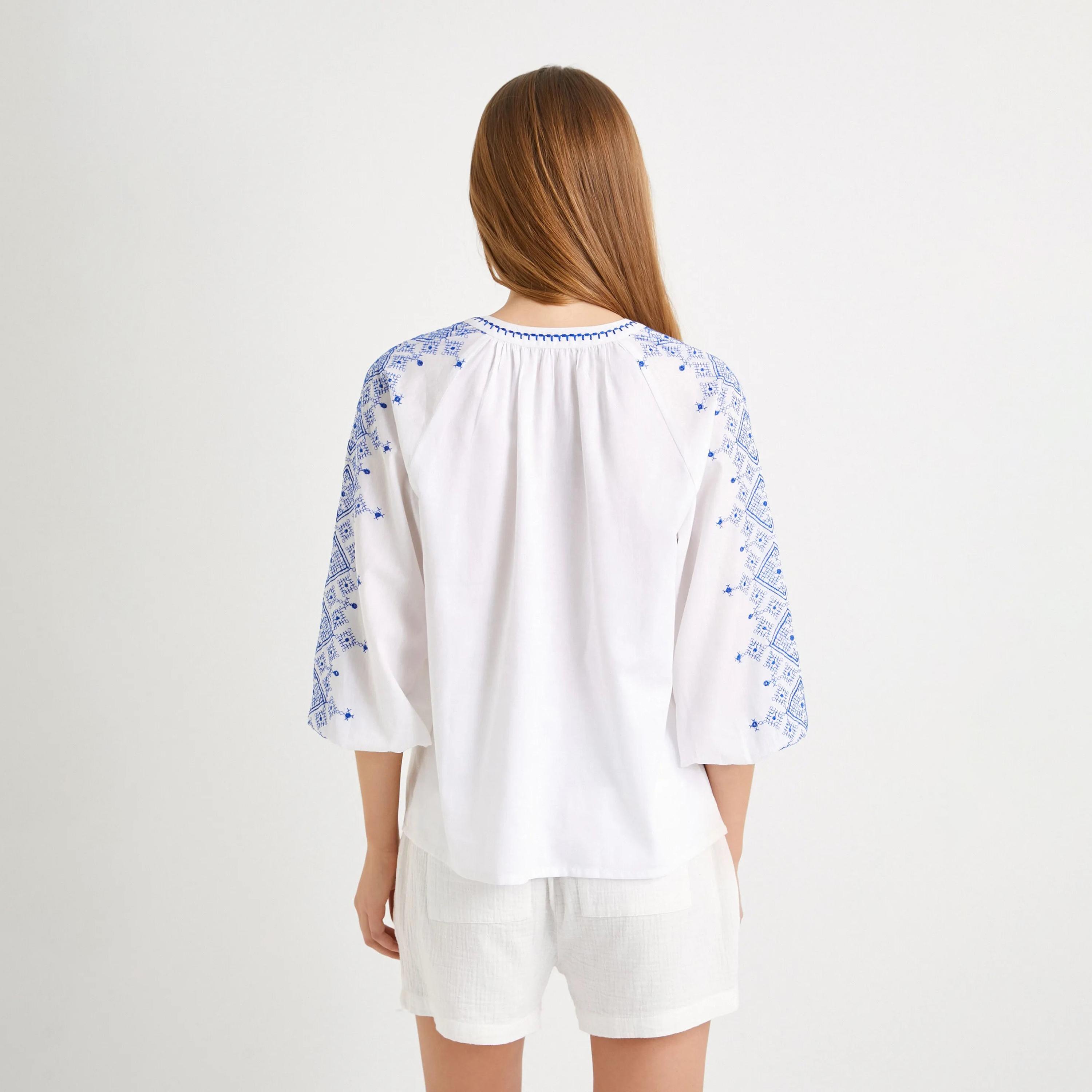 KOTON White Embroidered Tie Neck Balloon Sleeves Women's Top-women-clothing-shirtsandblouses-blouses-image-3