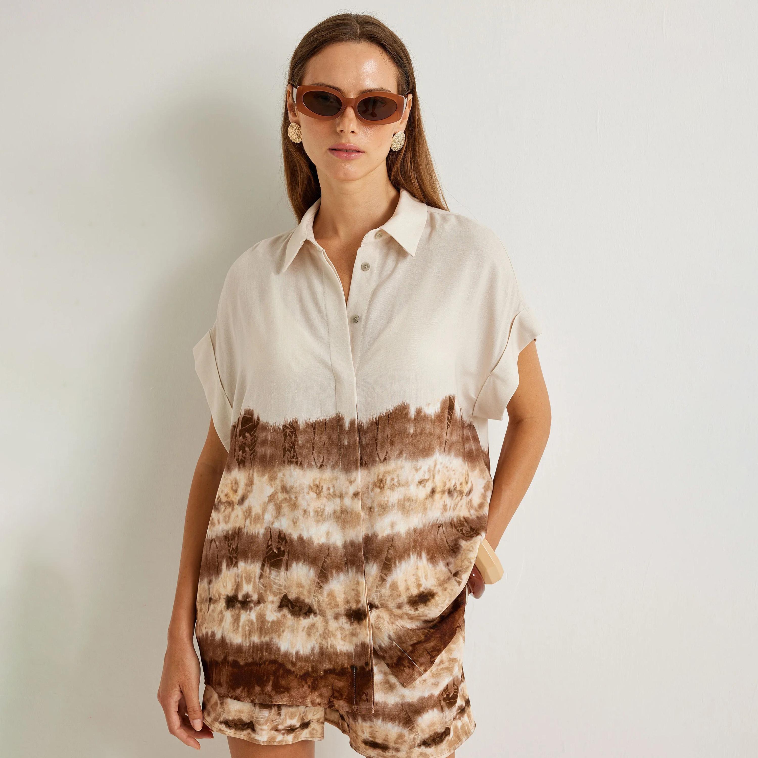 قميص نسائي بني اللون مع ياقة مصبوغة من كوتون-women-clothing-shirtsandblouses-shirts-image-1