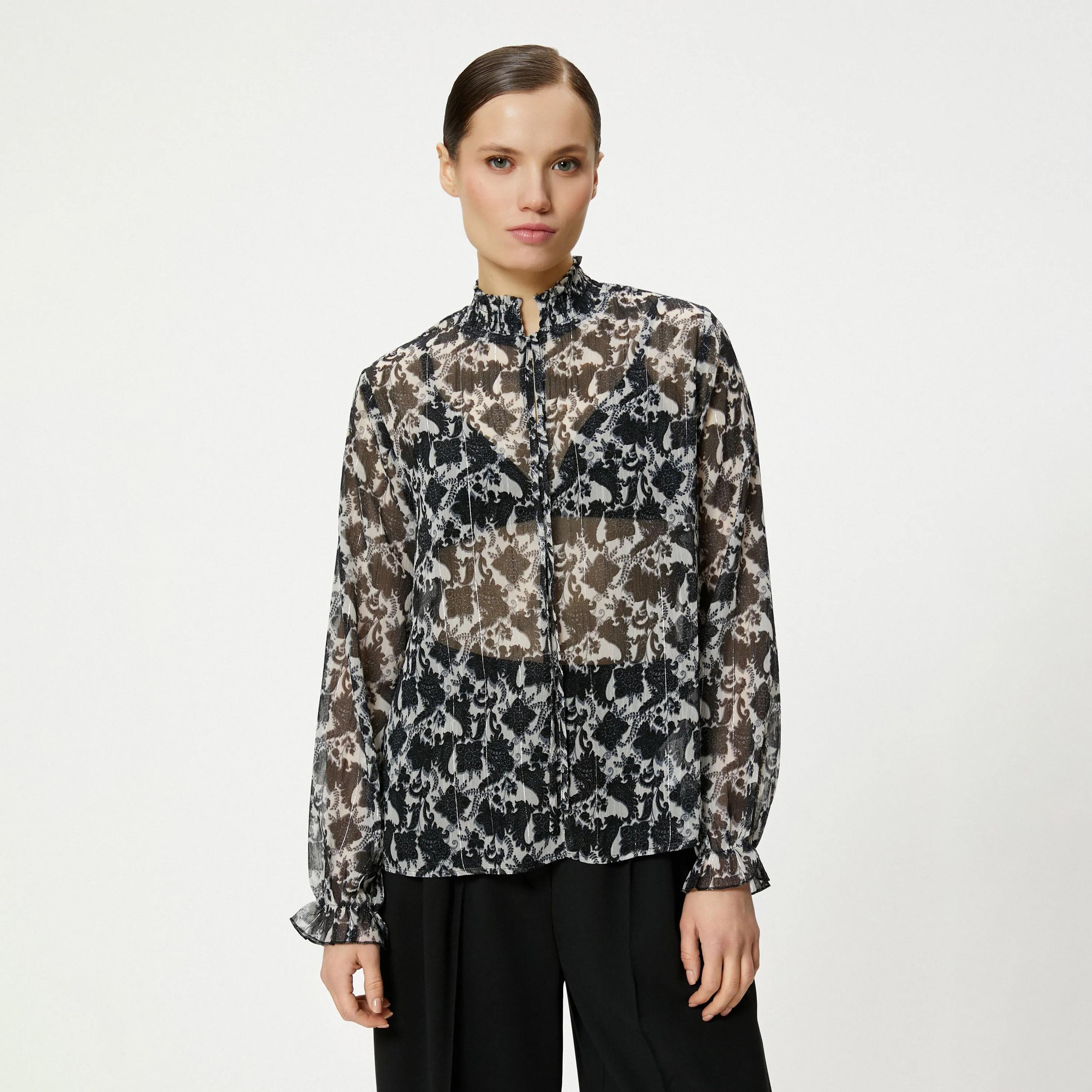 KOTON Black Block Print Smocked High Neck Elasticated Cuffs Women's Top-women-clothing-shirtsandblouses-blouses-image-1