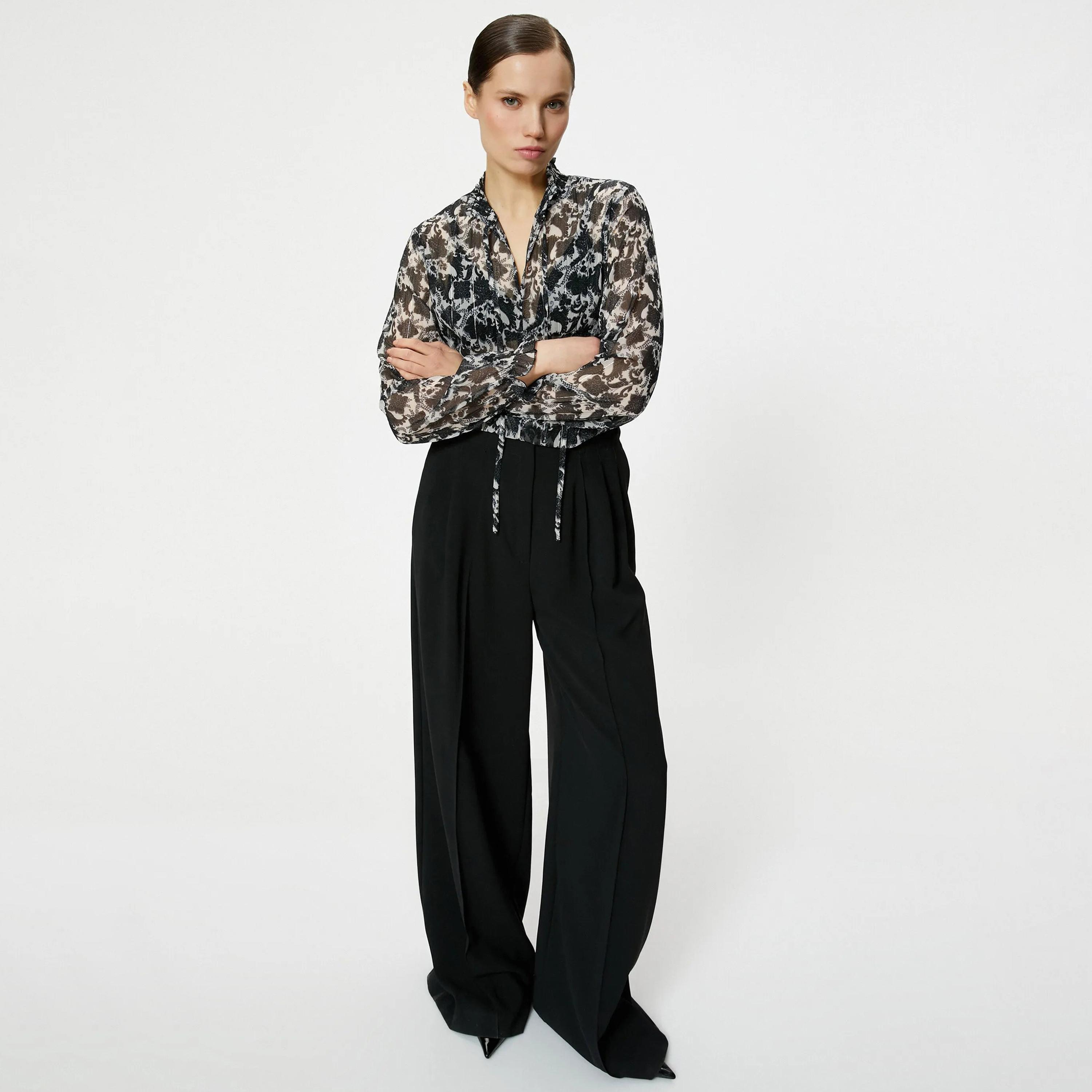KOTON Black Block Print Smocked High Neck Elasticated Cuffs Women's Top-women-clothing-shirtsandblouses-blouses-image-2