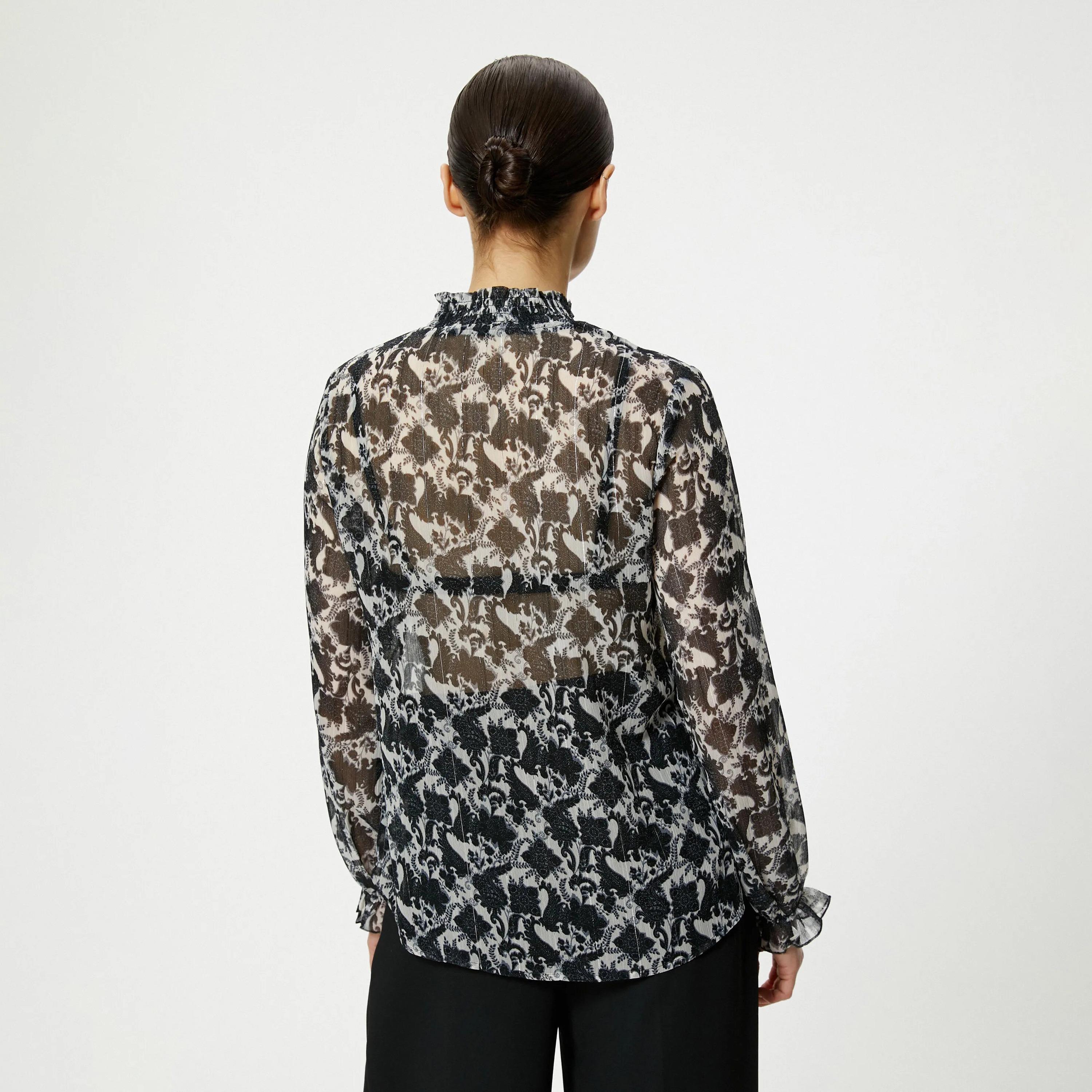 KOTON Black Block Print Smocked High Neck Elasticated Cuffs Women's Top-women-clothing-shirtsandblouses-blouses-image-3