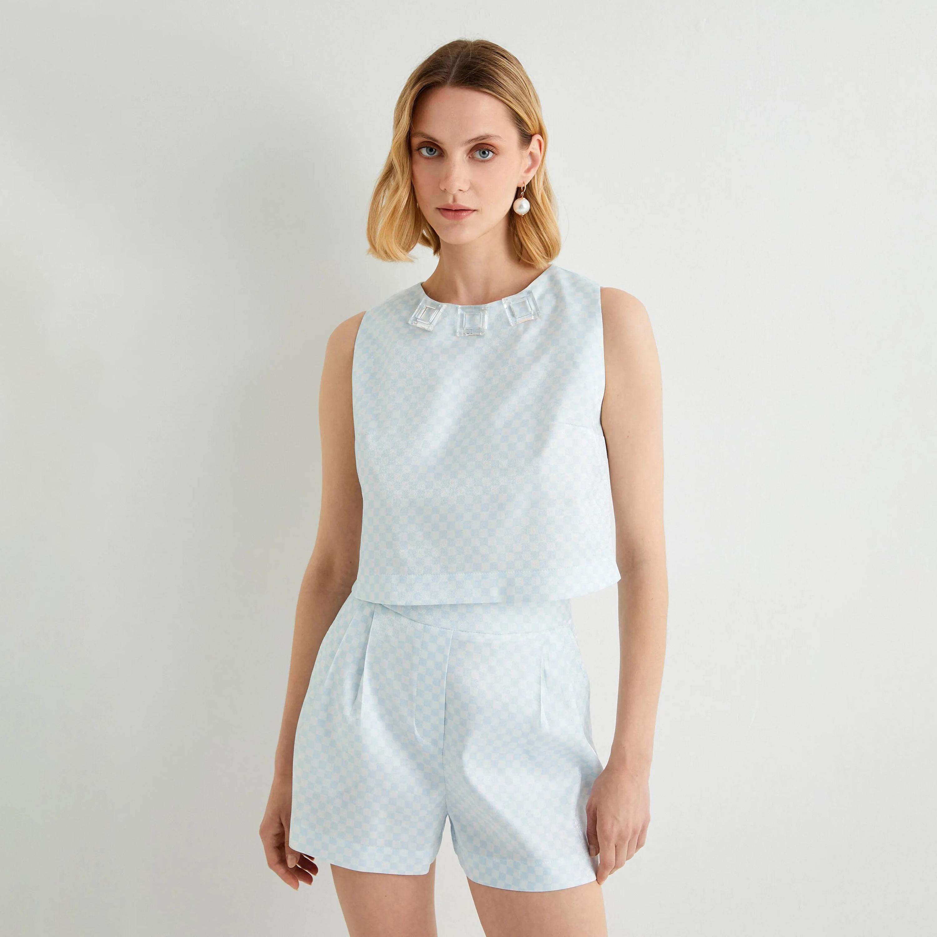 بلوزة نسائية زرقاء بنقشة رقعة الشطرنج من كوتون-women-clothing-shirtsandblouses-blouses-image-1