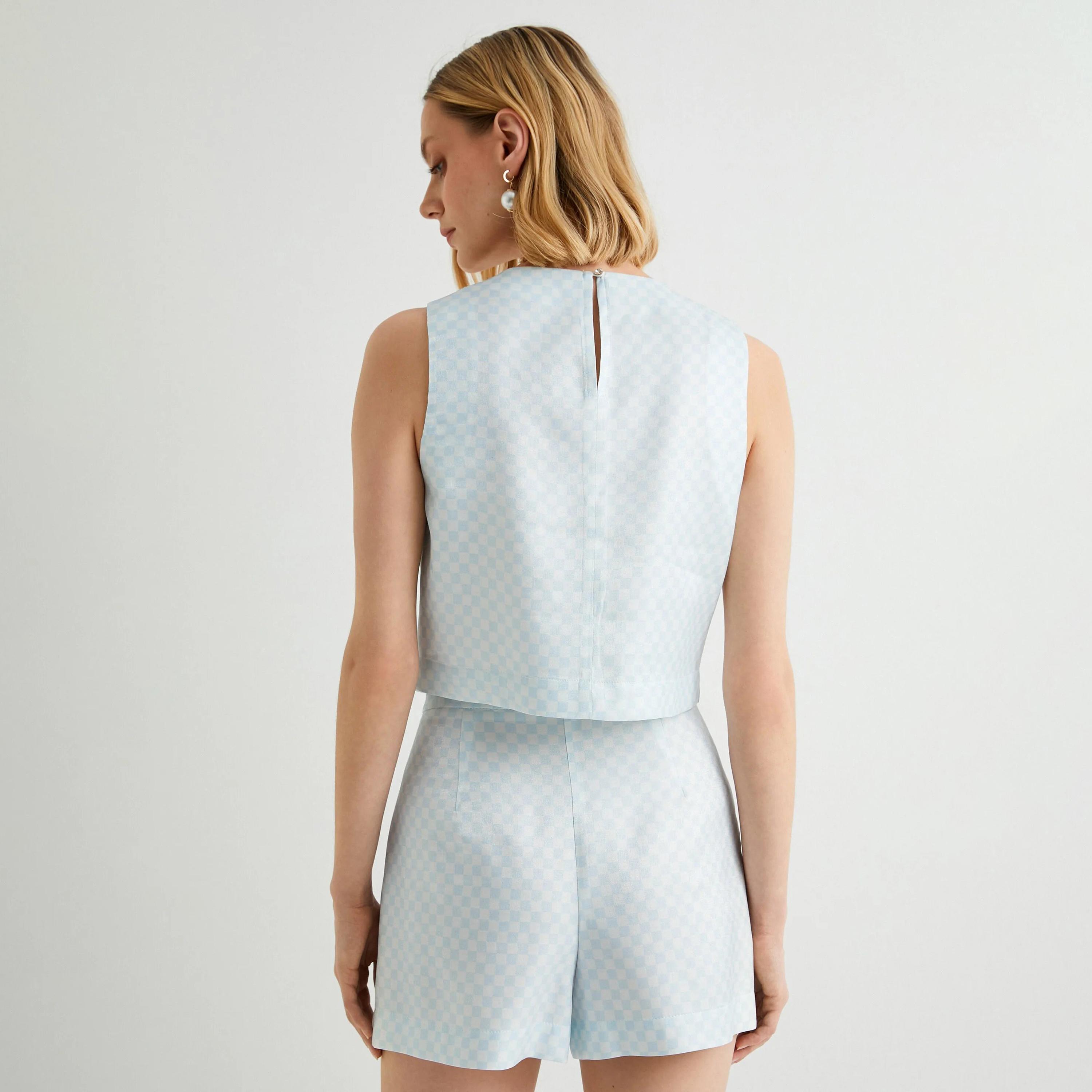 بلوزة نسائية زرقاء بنقشة رقعة الشطرنج من كوتون-women-clothing-shirtsandblouses-blouses-image-3