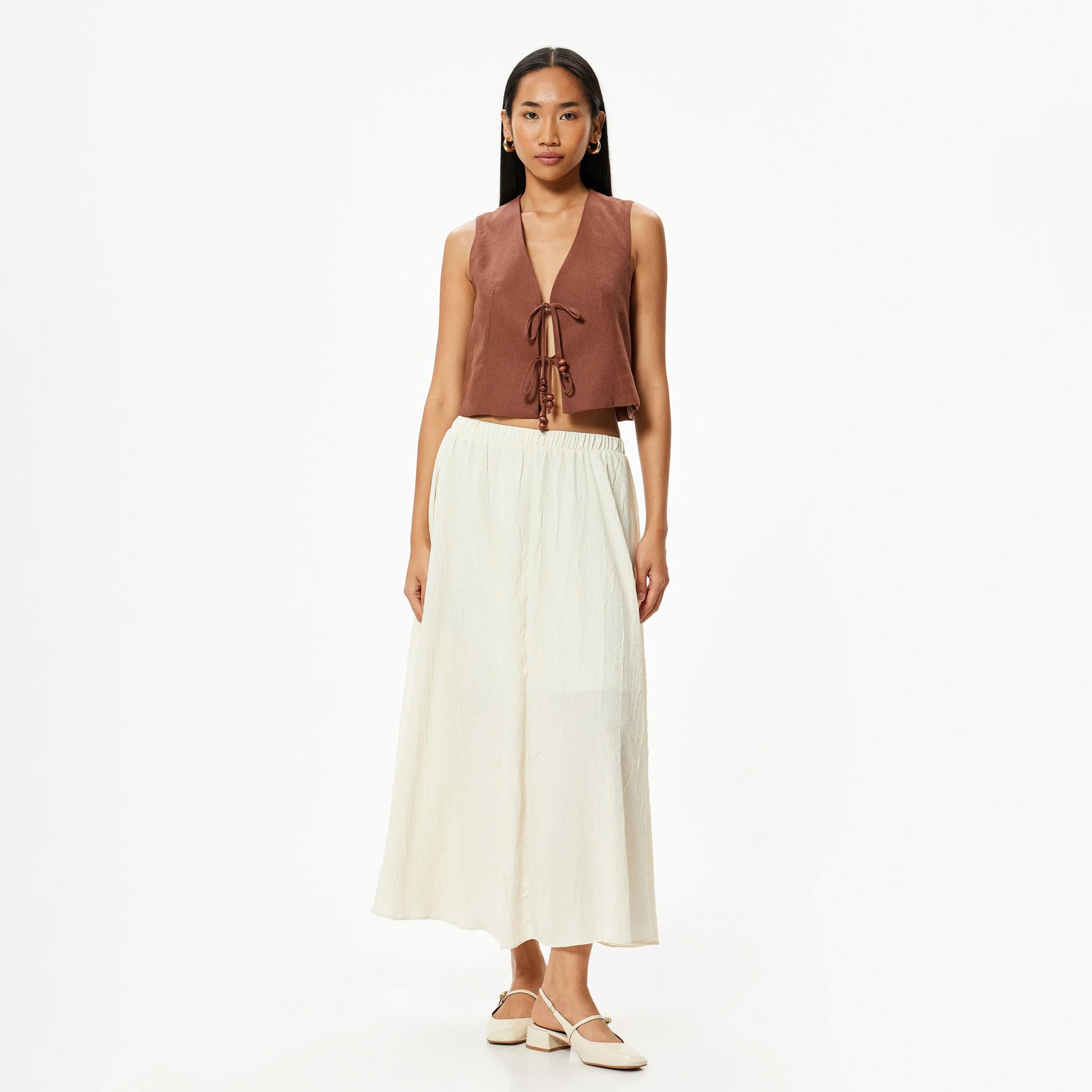KOTON Cream Crinkled Elasticated Waist Women's Skirt-women-clothing-bottoms-skirts-image-2