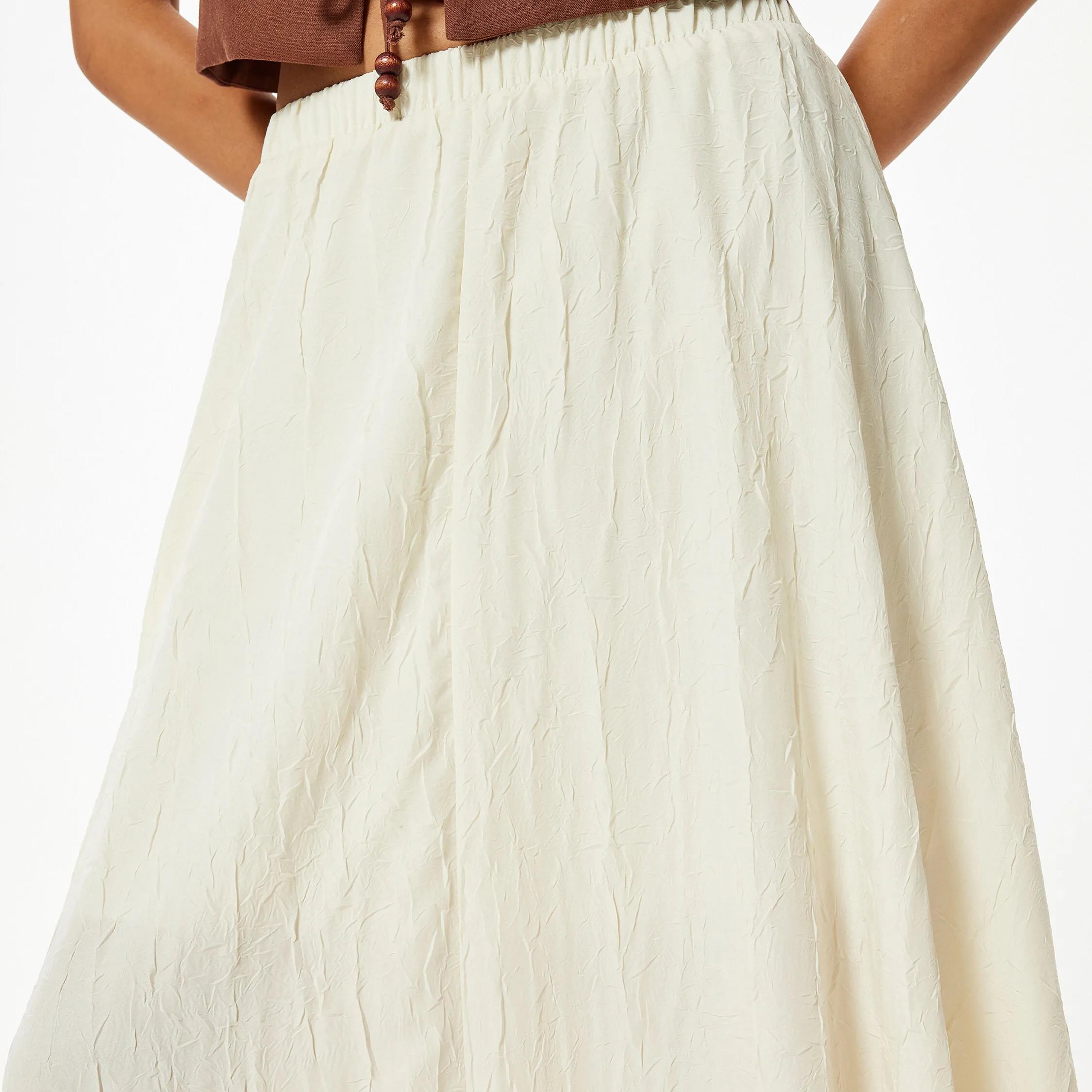 KOTON Cream Crinkled Elasticated Waist Women's Skirt-women-clothing-bottoms-skirts-image-4