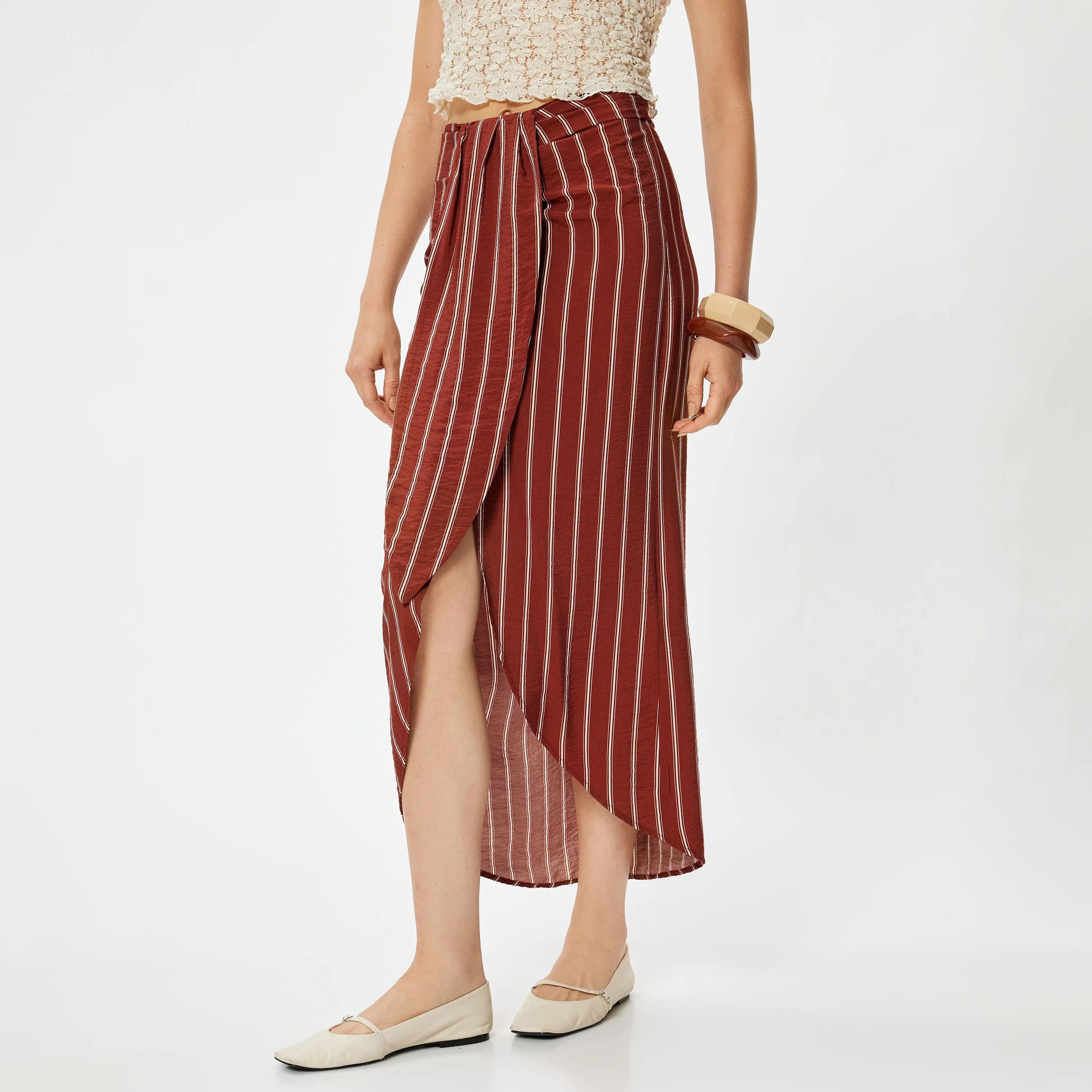 KOTON Red Striped Concealed Zip Women's Skirt-women-clothing-bottoms-skirts-image-1