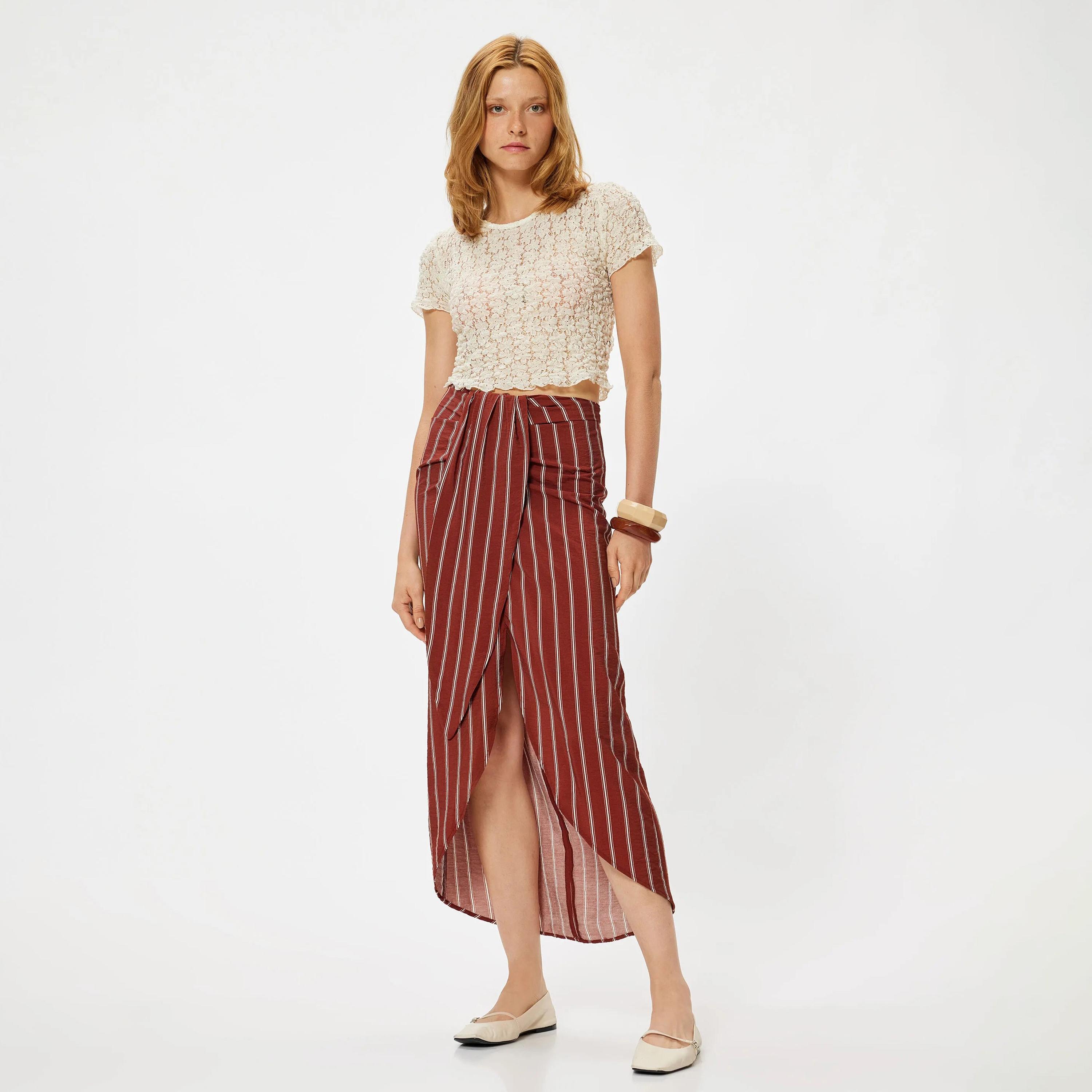 KOTON Red Striped Concealed Zip Women's Skirt-women-clothing-bottoms-skirts-image-2