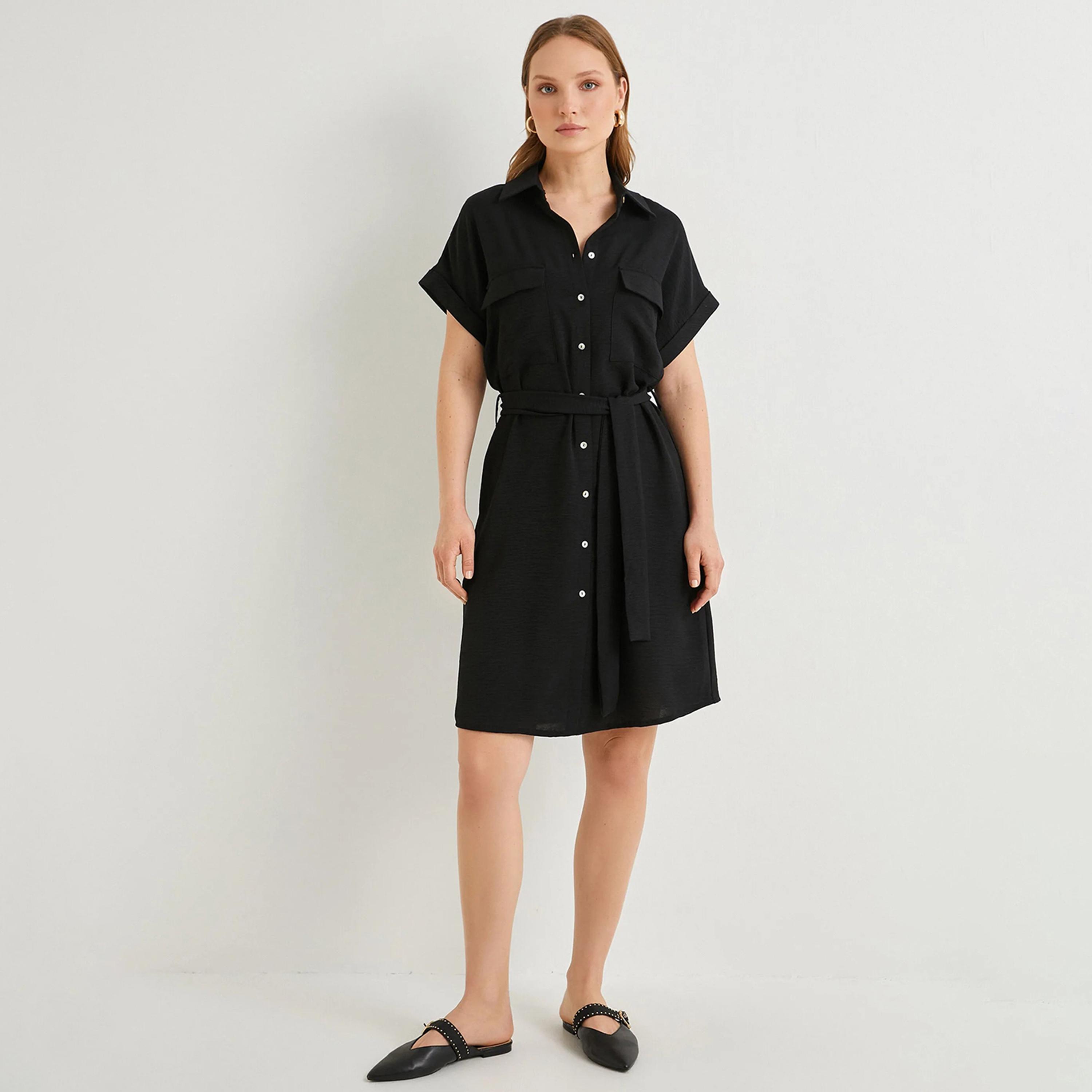 KOTON Black Textured Collared Women's Knee Shirt Dress-women-clothing-dresses-image-1