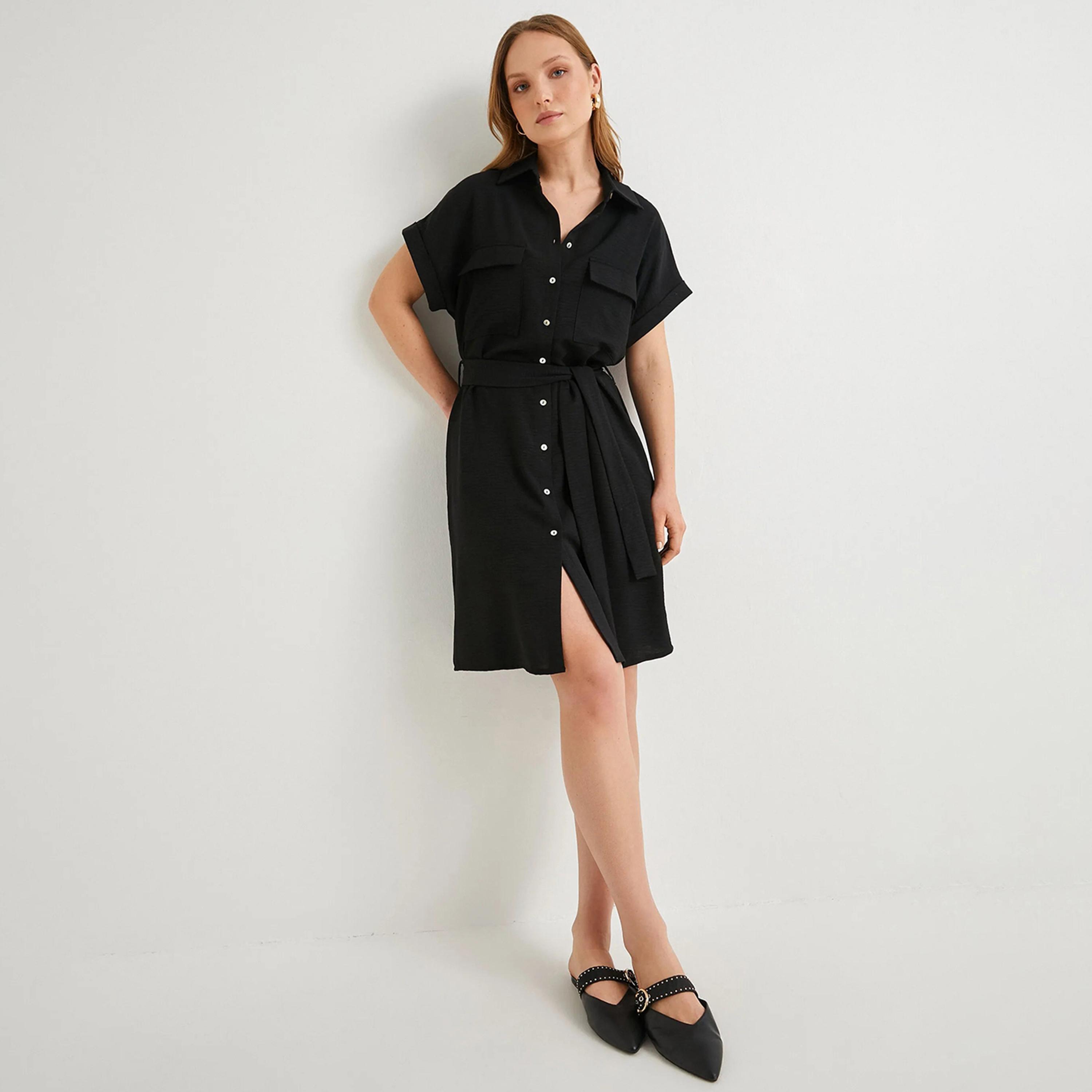 KOTON Black Textured Collared Women's Knee Shirt Dress-women-clothing-dresses-image-2