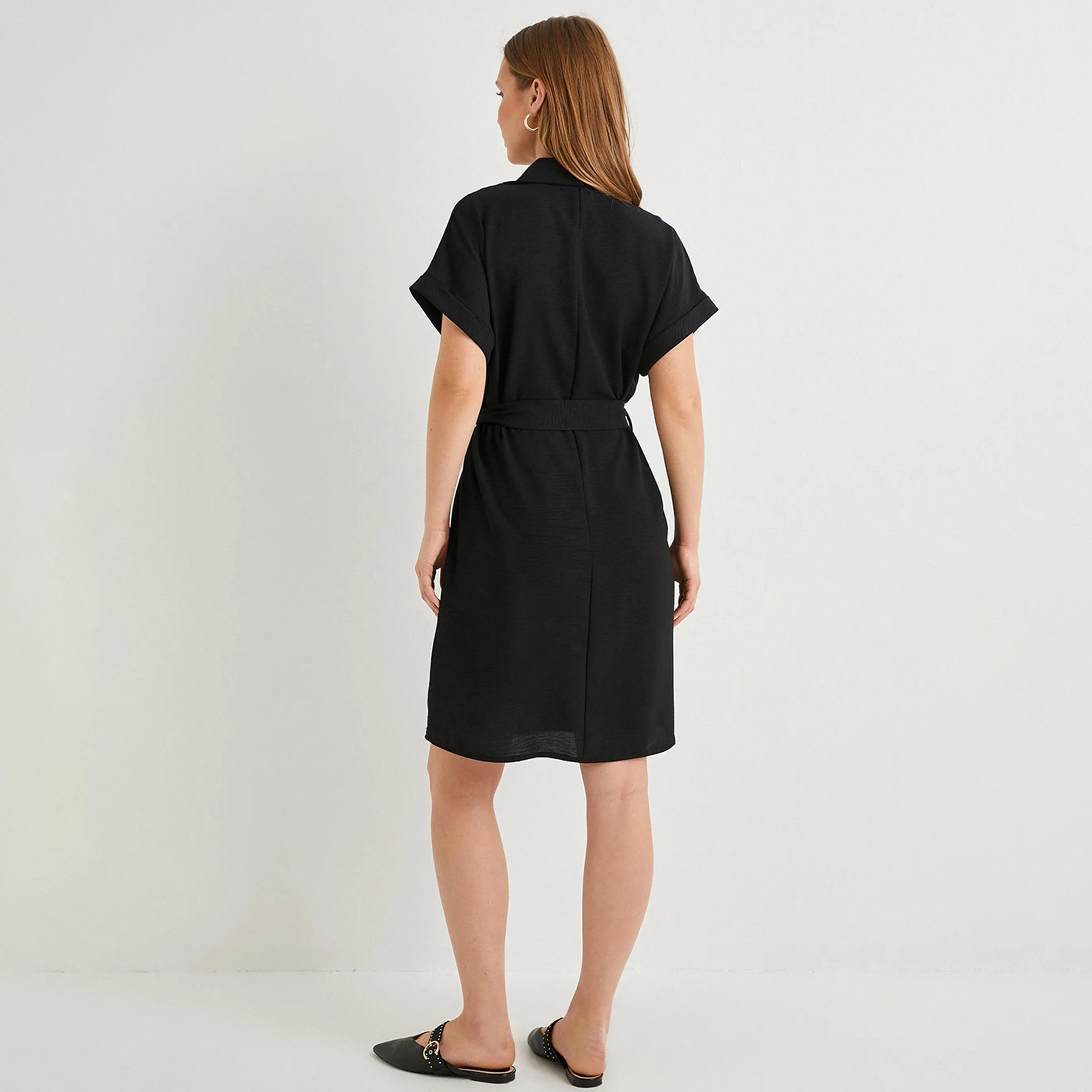 KOTON Black Textured Collared Women's Knee Shirt Dress-women-clothing-dresses-image-3
