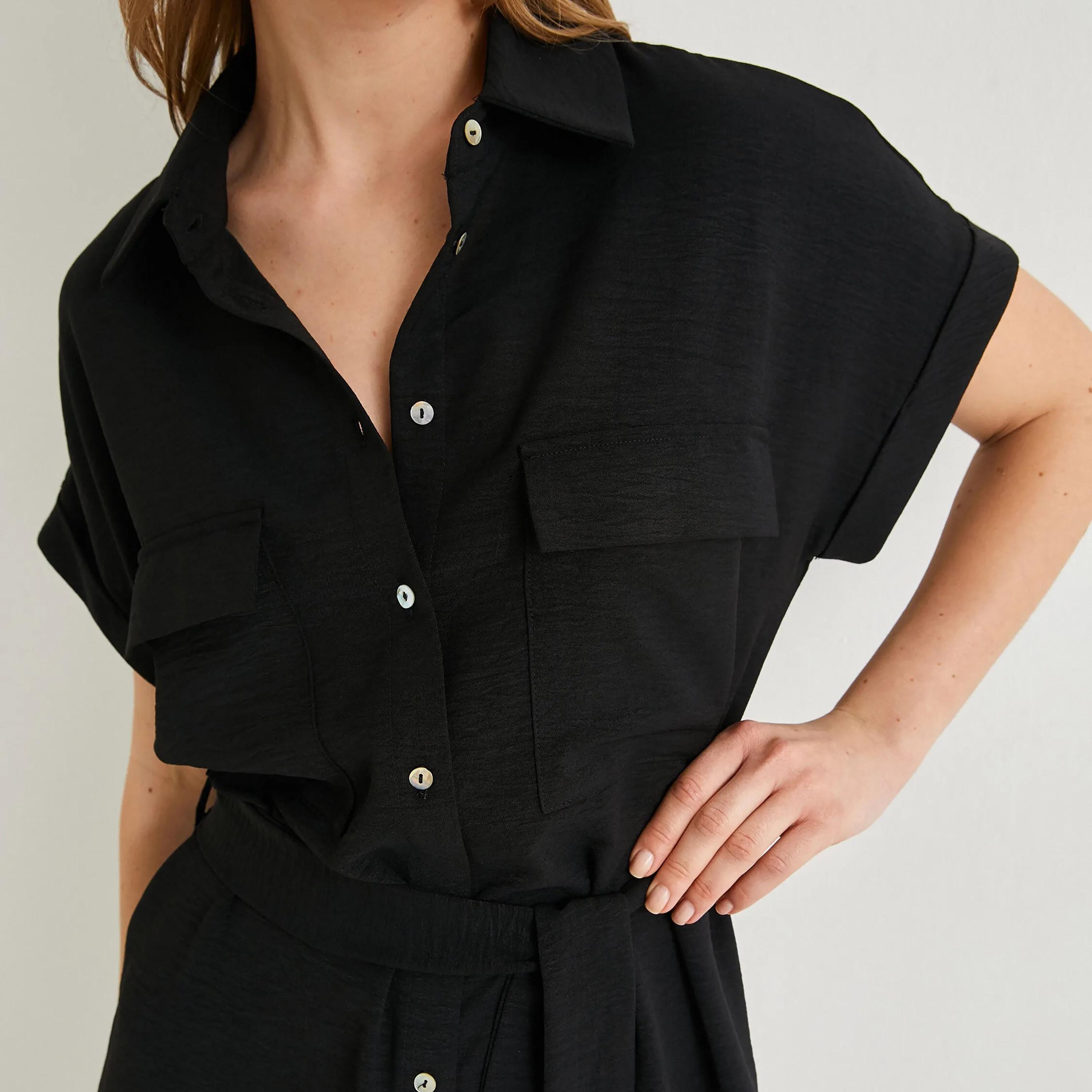 KOTON Black Textured Collared Women's Knee Shirt Dress-women-clothing-dresses-image-4