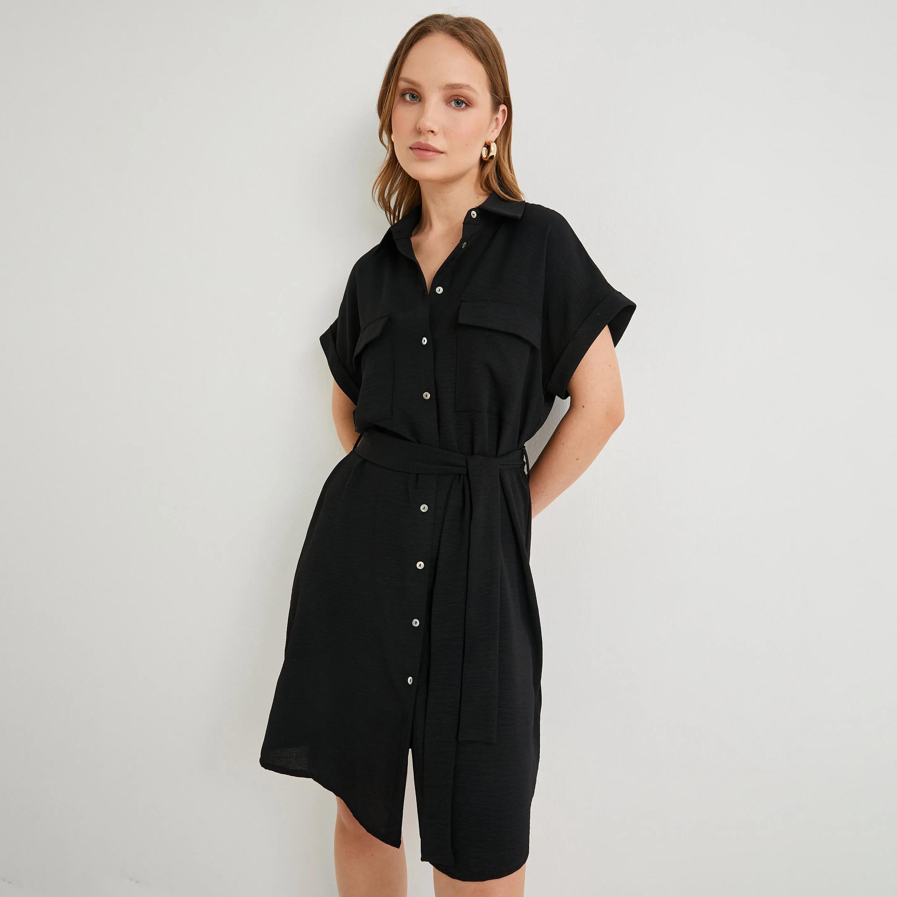 KOTON Black Textured Collared Women's Knee Shirt Dress-women-clothing-dresses-image-5