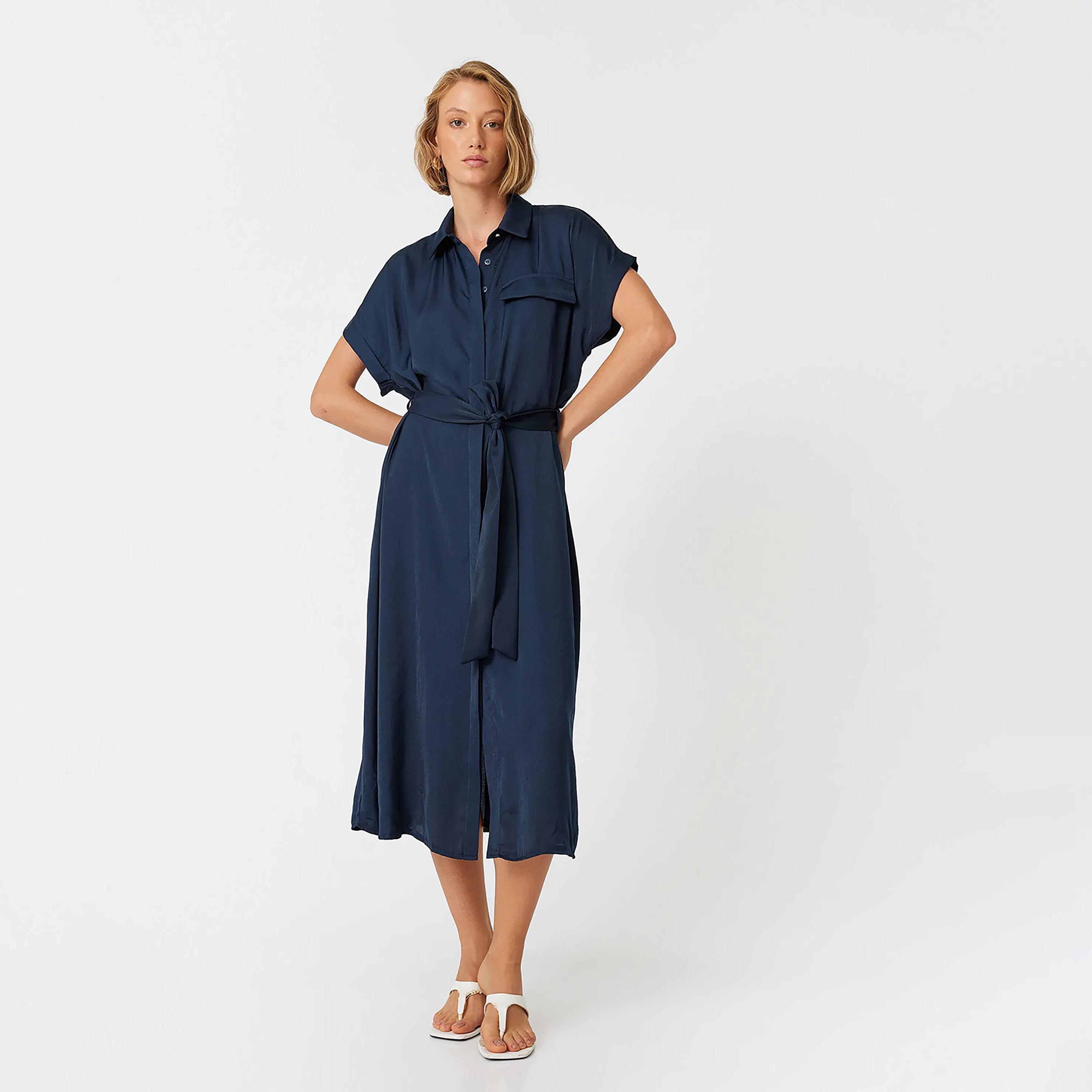KOTON Plain Collared Women's Knee Shirt Dress-women-clothing-dresses-image-4