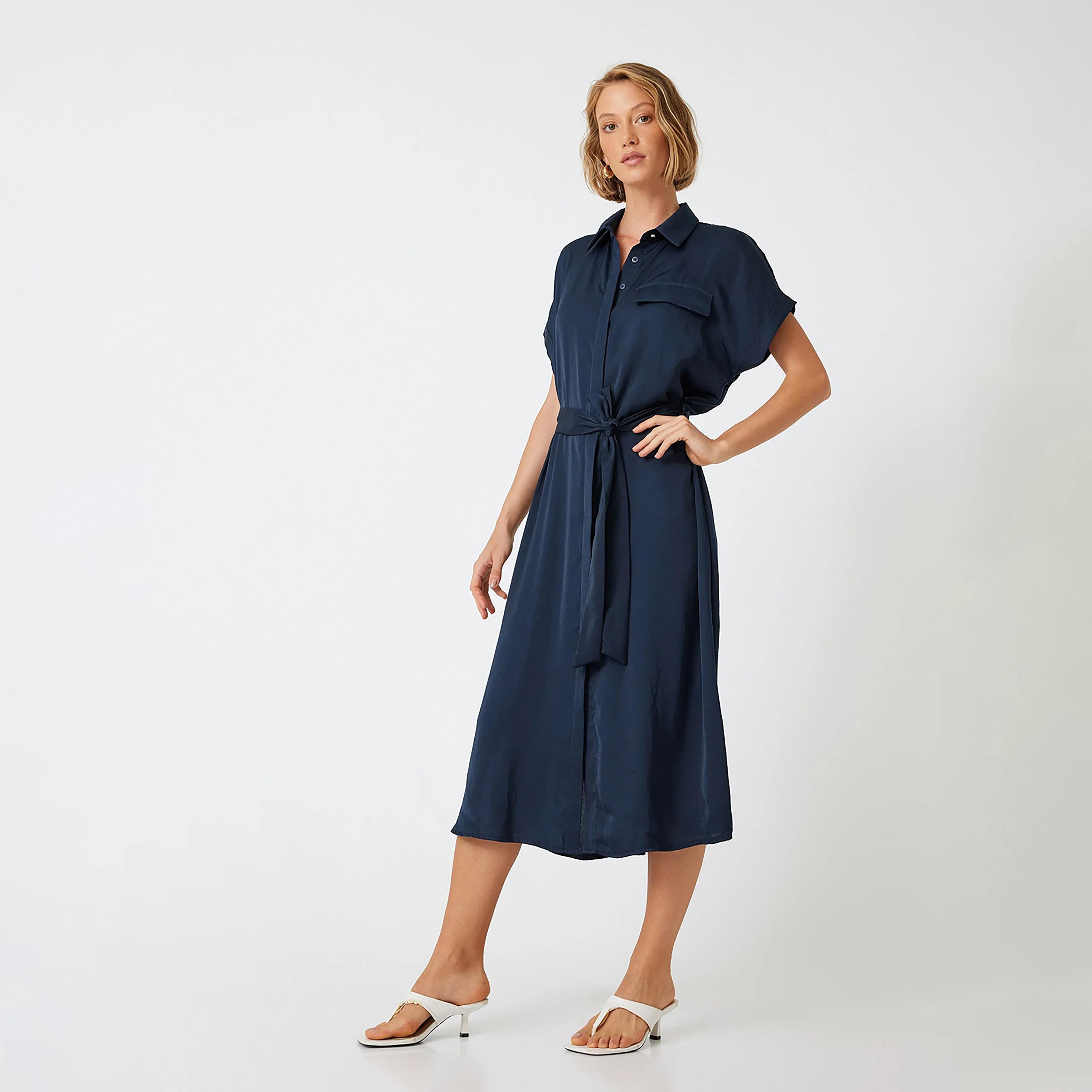 KOTON Plain Collared Women's Knee Shirt Dress-women-clothing-dresses-image-5