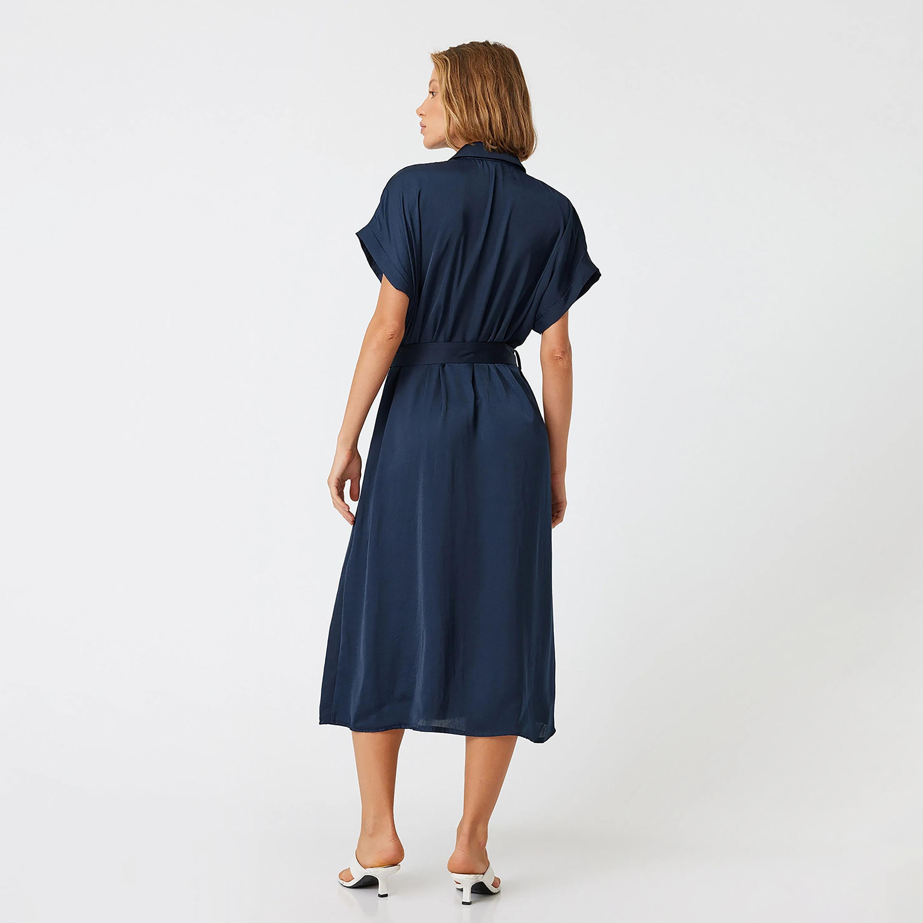 KOTON Plain Collared Women's Knee Shirt Dress-women-clothing-dresses-image-6