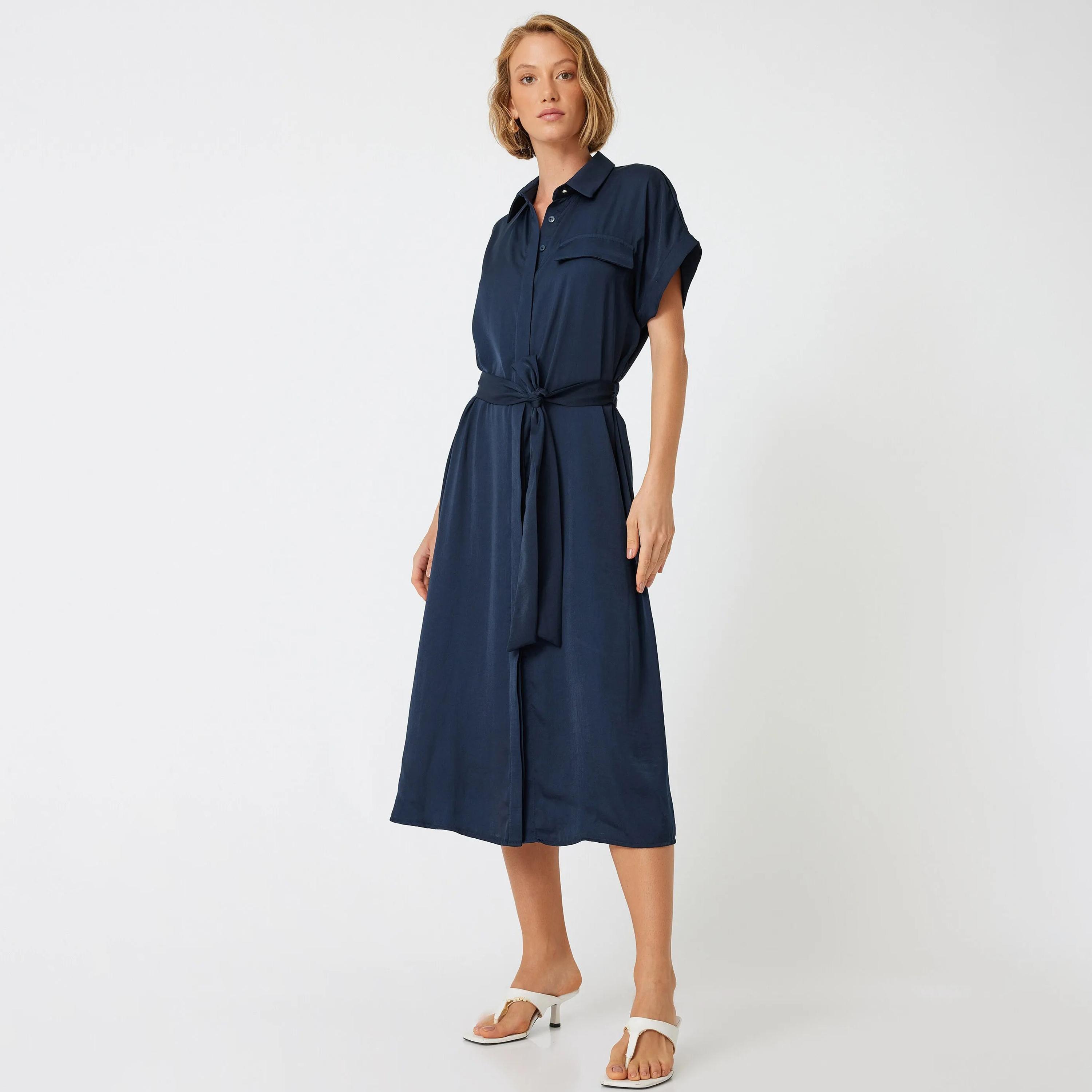 KOTON Plain Collared Women's Knee Shirt Dress-women-clothing-dresses-image-8