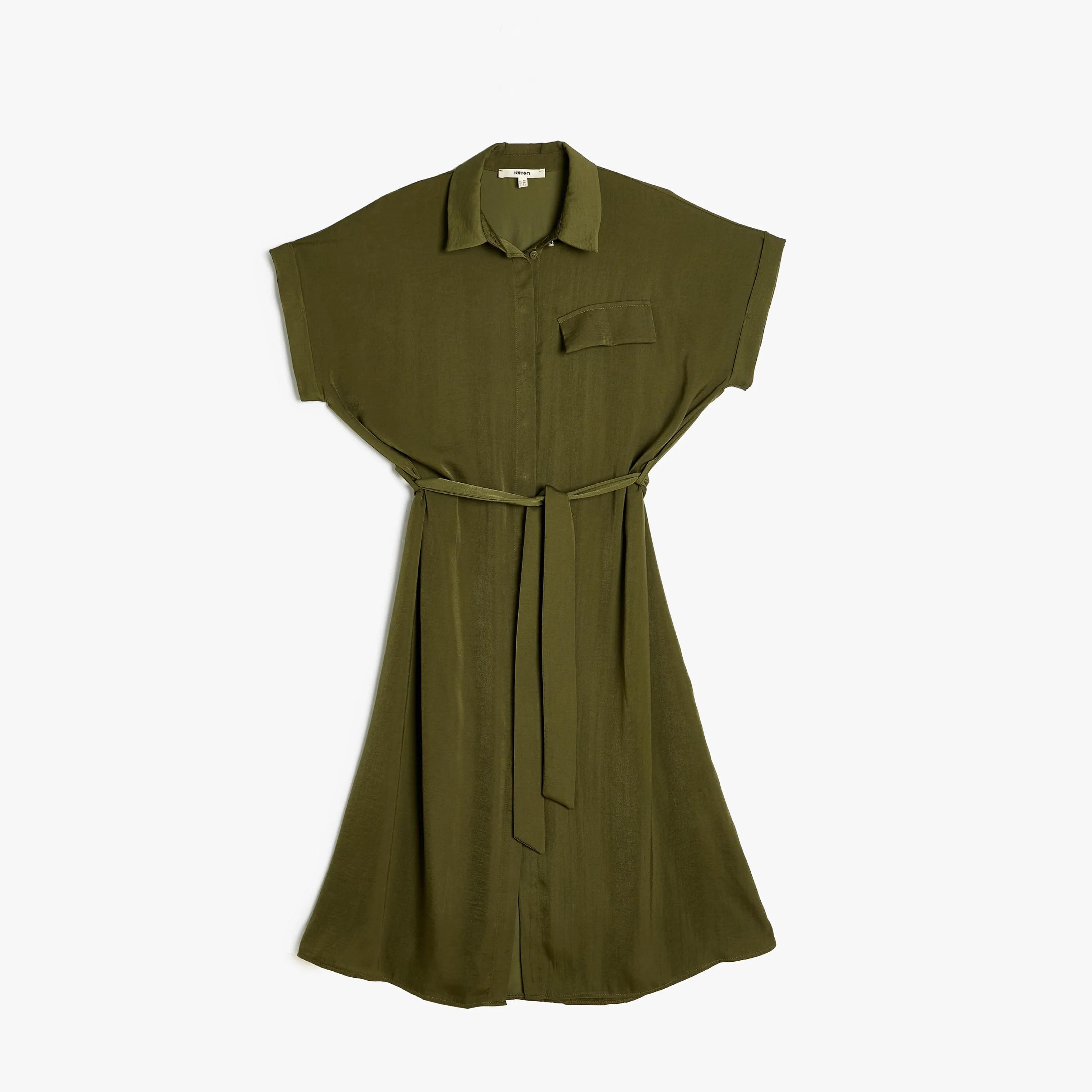 KOTON Plain Collared Women's Knee Shirt Dress-women-clothing-dresses-image-1