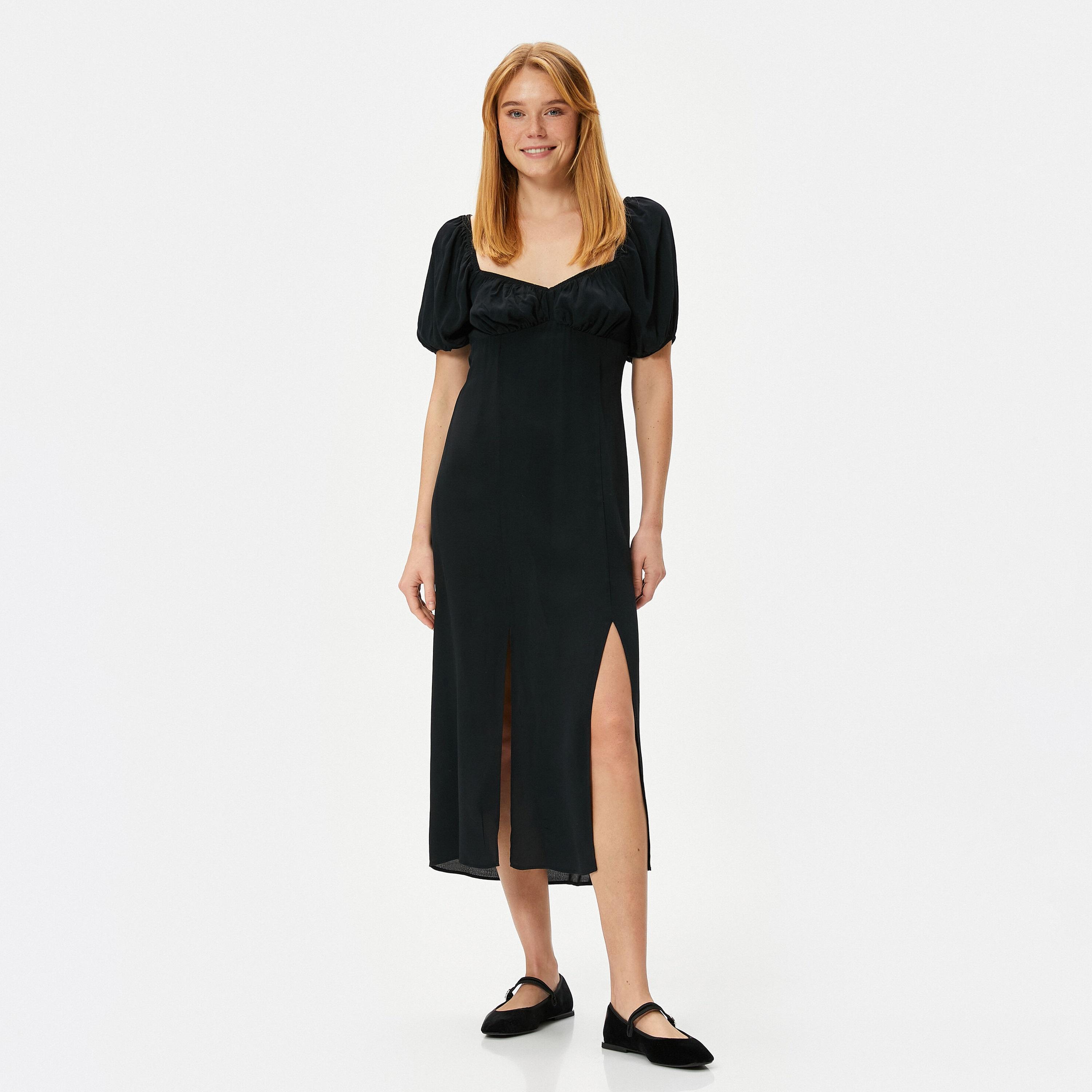 KOTON Black Sweetheart Neck Puff Sleeves Slit Women's Midi Dress-women-clothing-dresses-image-1