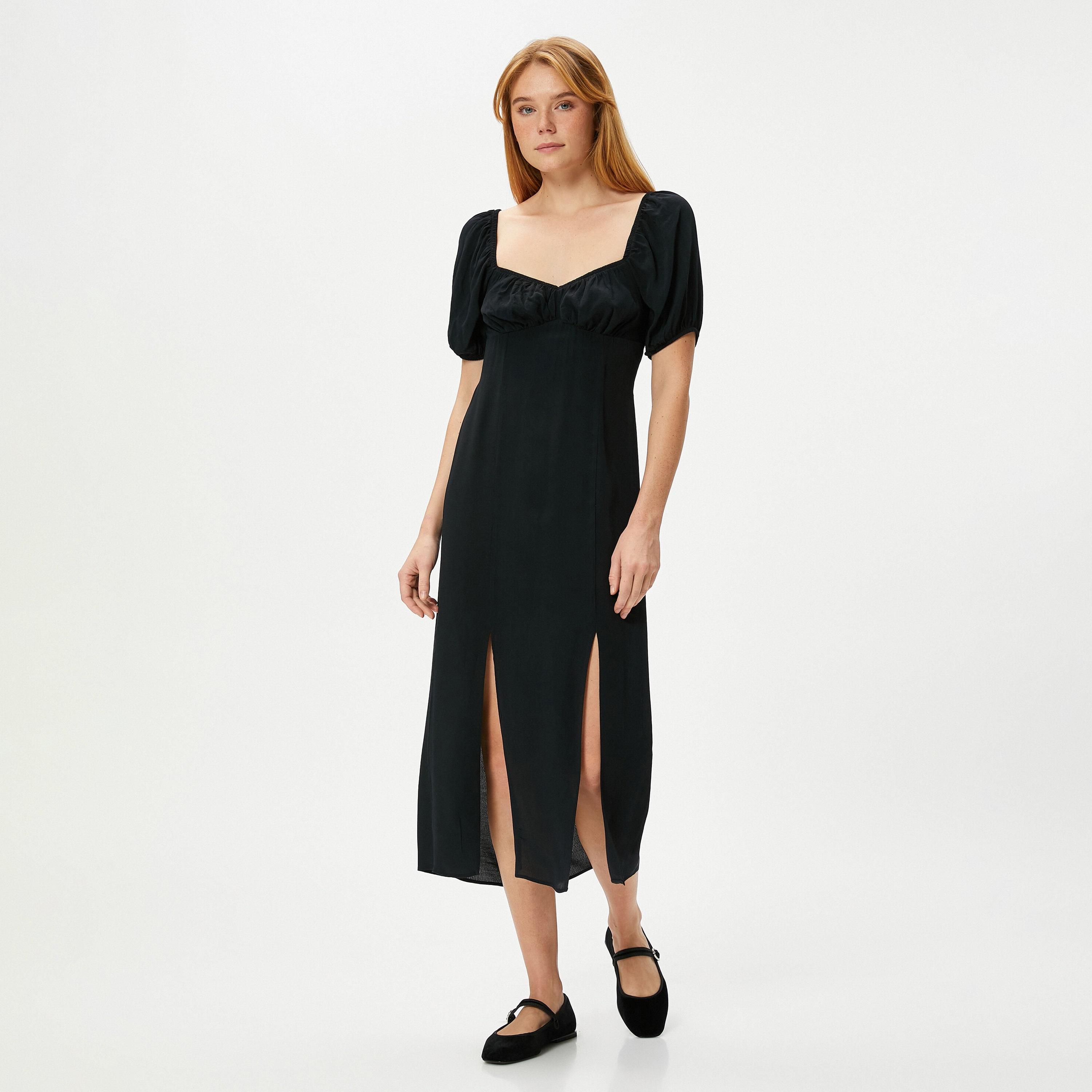 KOTON Black Sweetheart Neck Puff Sleeves Slit Women's Midi Dress-women-clothing-dresses-image-2