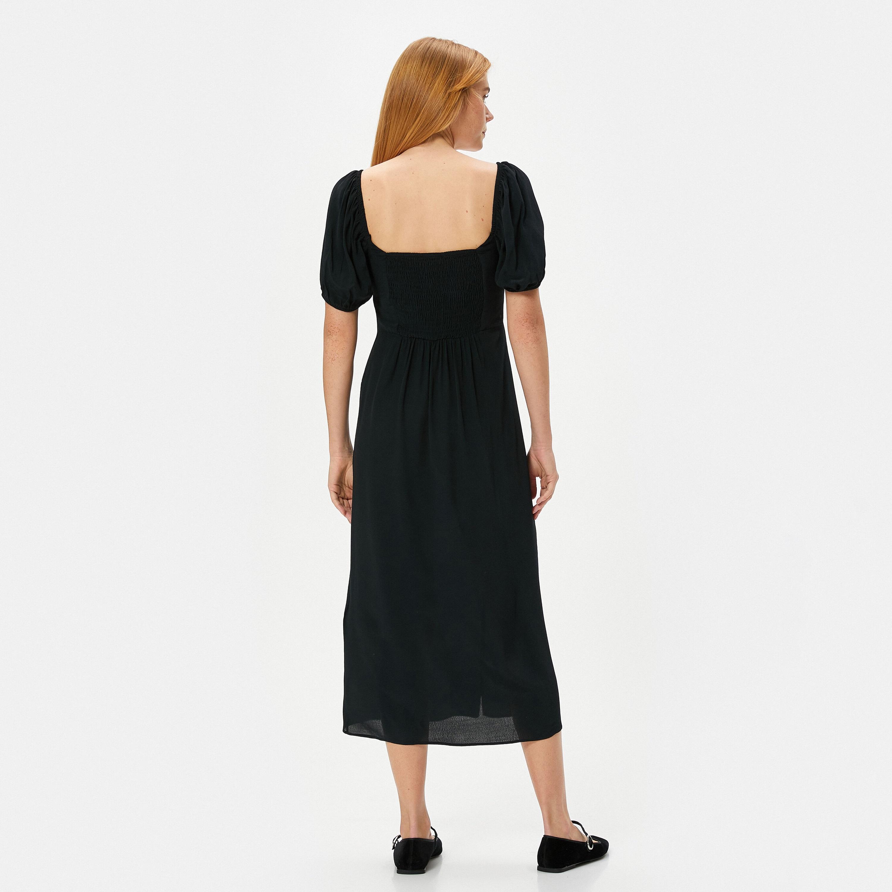 KOTON Black Sweetheart Neck Puff Sleeves Slit Women's Midi Dress-women-clothing-dresses-image-3