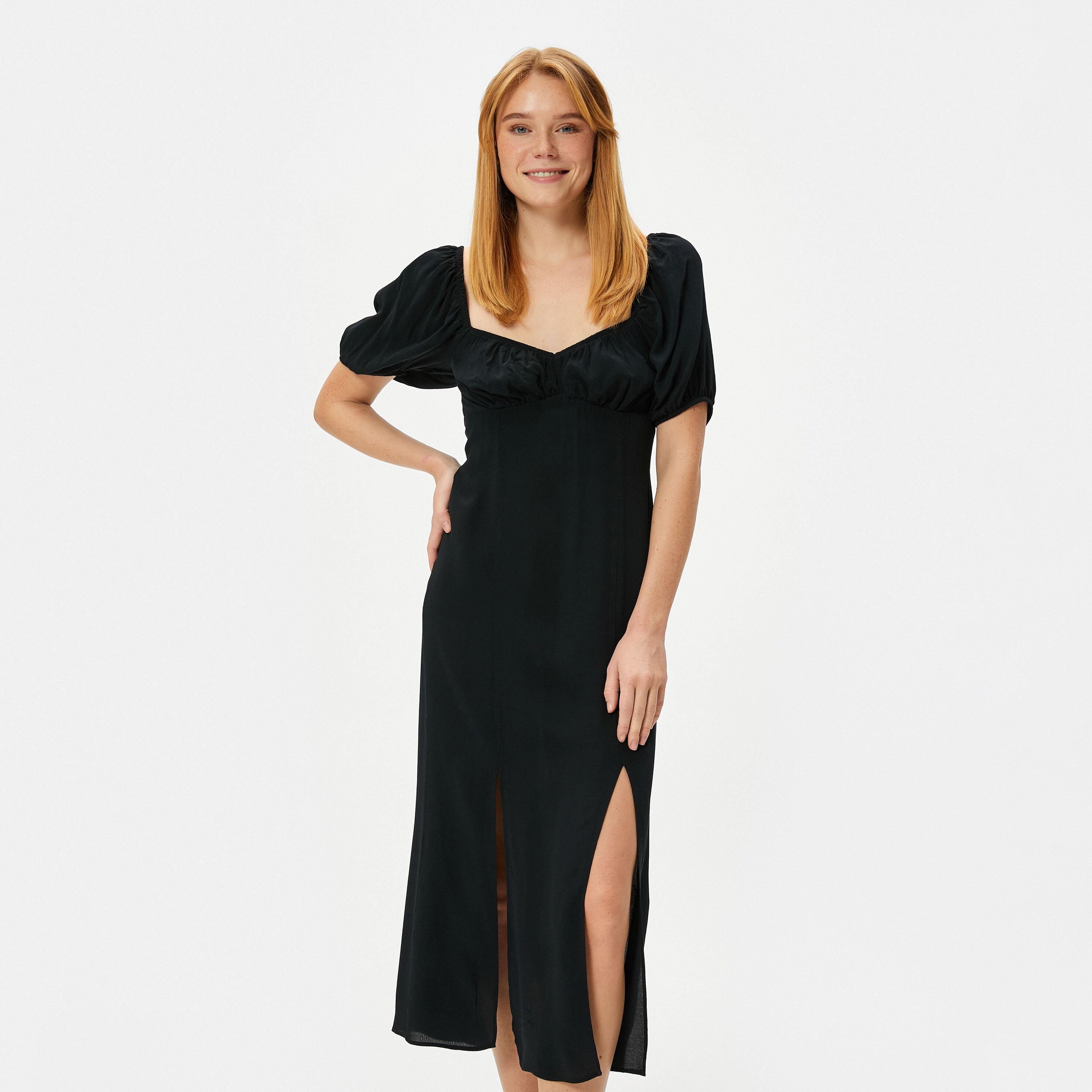 KOTON Black Sweetheart Neck Puff Sleeves Slit Women's Midi Dress-women-clothing-dresses-image-4