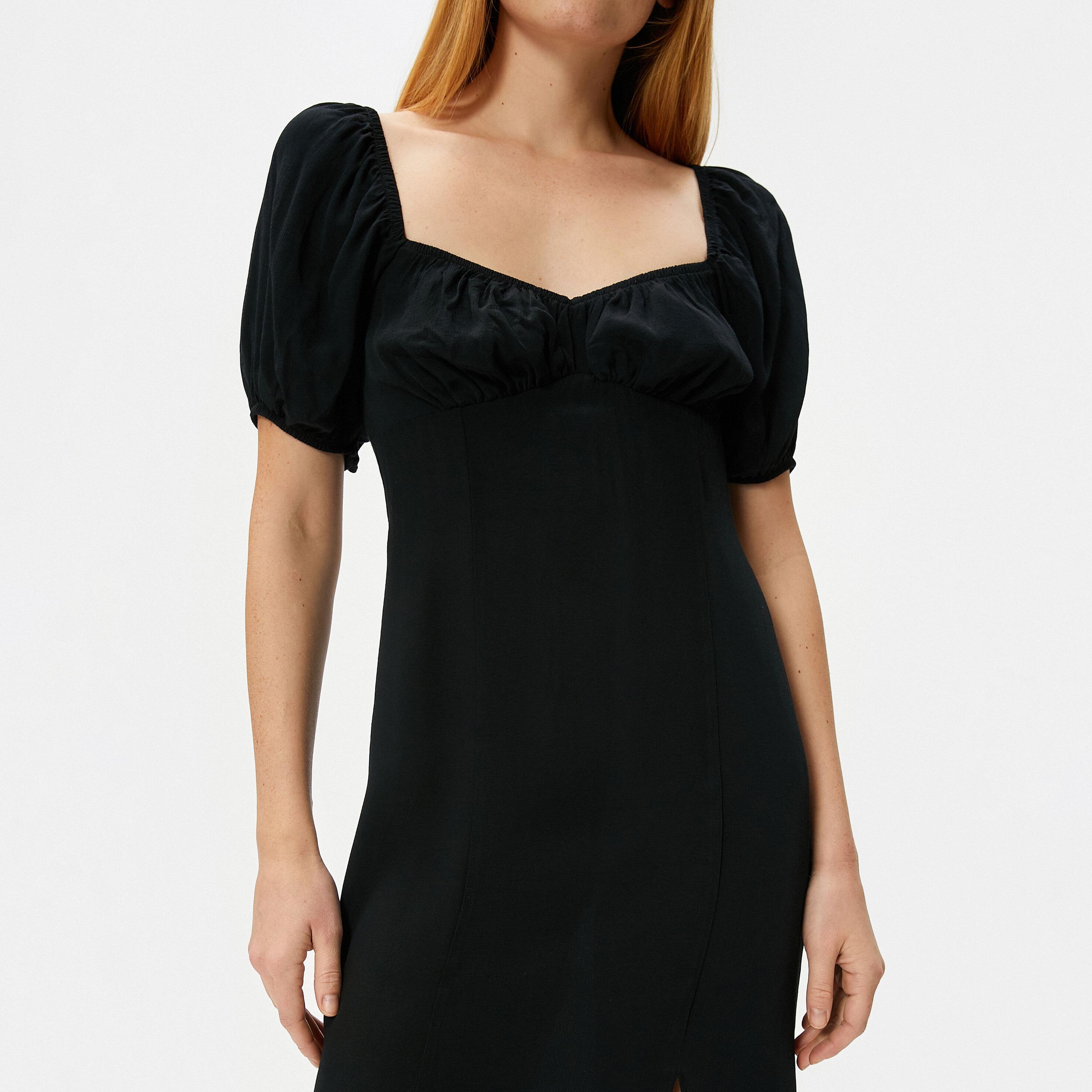 KOTON Black Sweetheart Neck Puff Sleeves Slit Women's Midi Dress-women-clothing-dresses-image-5